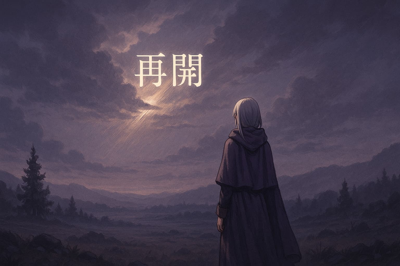 薄明かりの中、静かに立つローブ姿の人物が“再開”の光を見つめる幻想的な風景。『葬送のフリーレン』の再開を象徴する希望のイメージ
