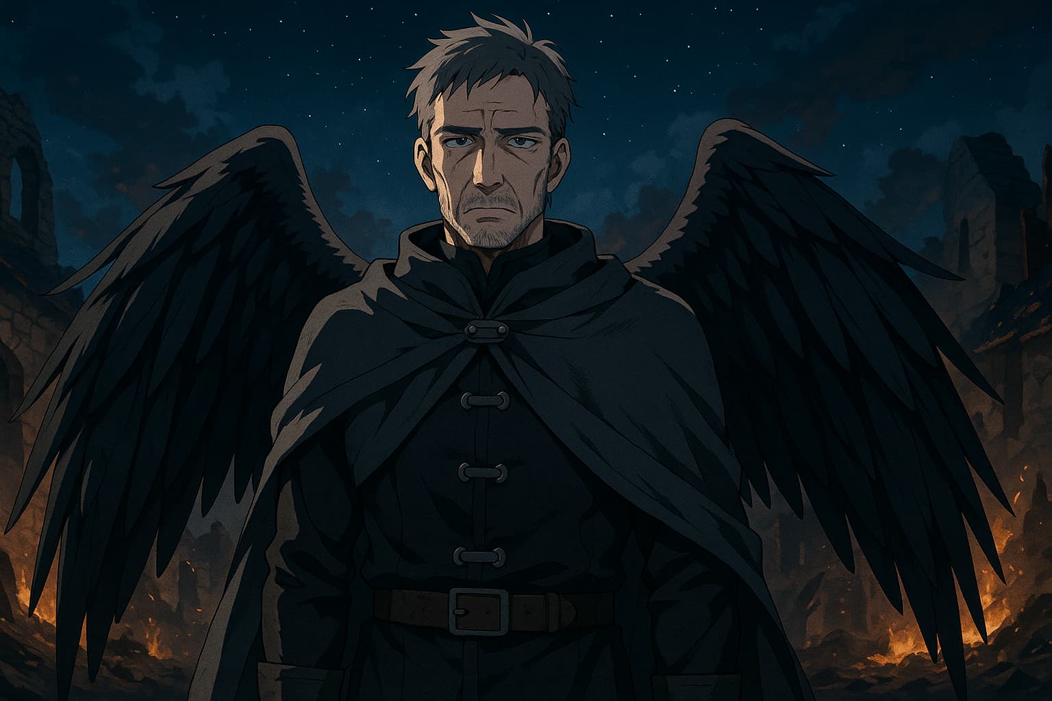 黒い翼を広げ、廃墟となった村に立つ中年の魔法使い。夜空の下、静けさと炎の残り香が交錯する幻想的な光景。
