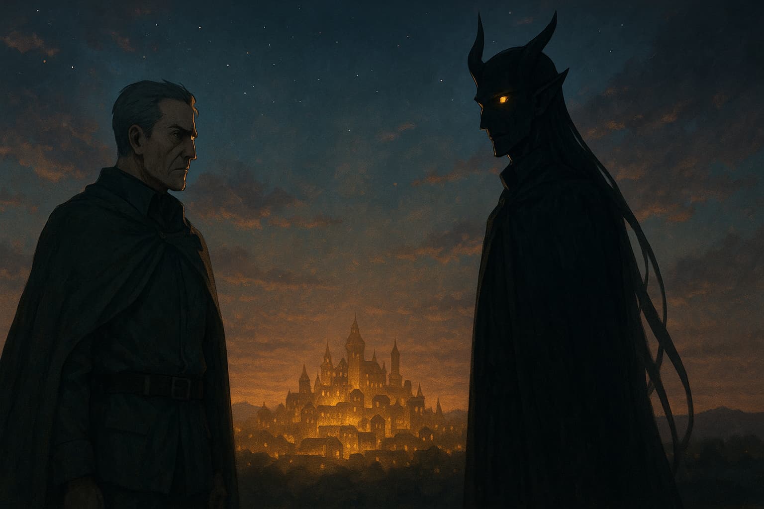 黄昏の空の下、黄金に輝く都市を背景に対峙する人間の領主グリュックと魔族マハト。静かな緊張感と複雑な関係性を象徴する幻想的なシーン。