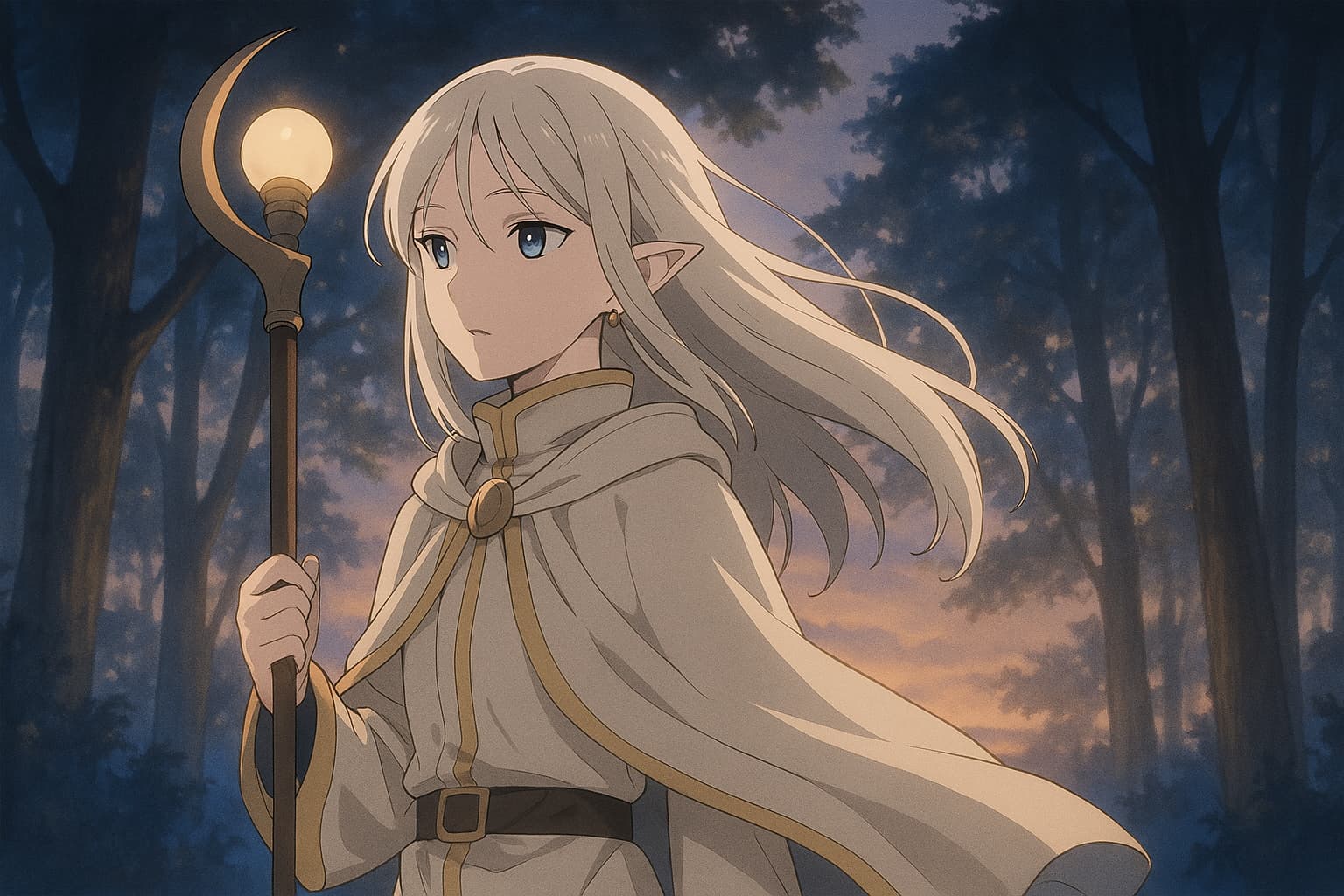 夕暮れの森に佇む女性のエルフ魔法使い。白いマントをまとい、光る杖を手に静かに佇む姿が描かれている。背景には柔らかなオレンジ色の空と、影になった木々が広がり、幻想的で繊細なアニメ風の雰囲気を醸し出している。