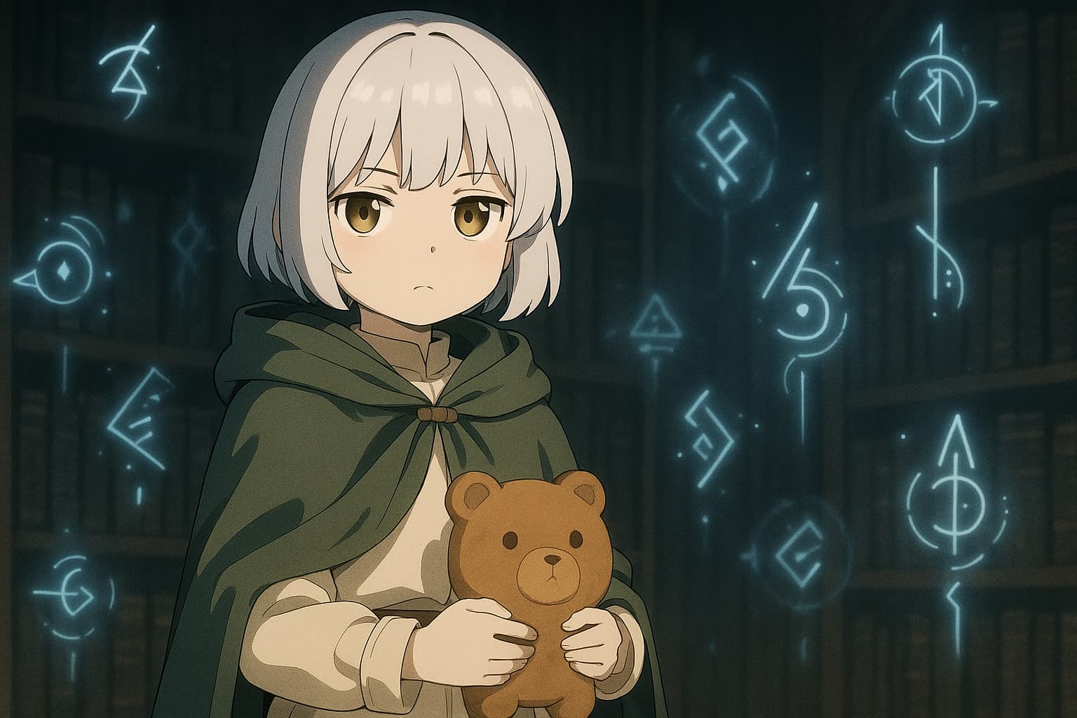 精神魔法を操る少女・エーデルが、魔法陣に囲まれた薄暗い図書室で静かに立っている様子。短身で丸顔、くま型のパンを抱えた姿が特徴的なファンタジー風のアニメ調イラスト。