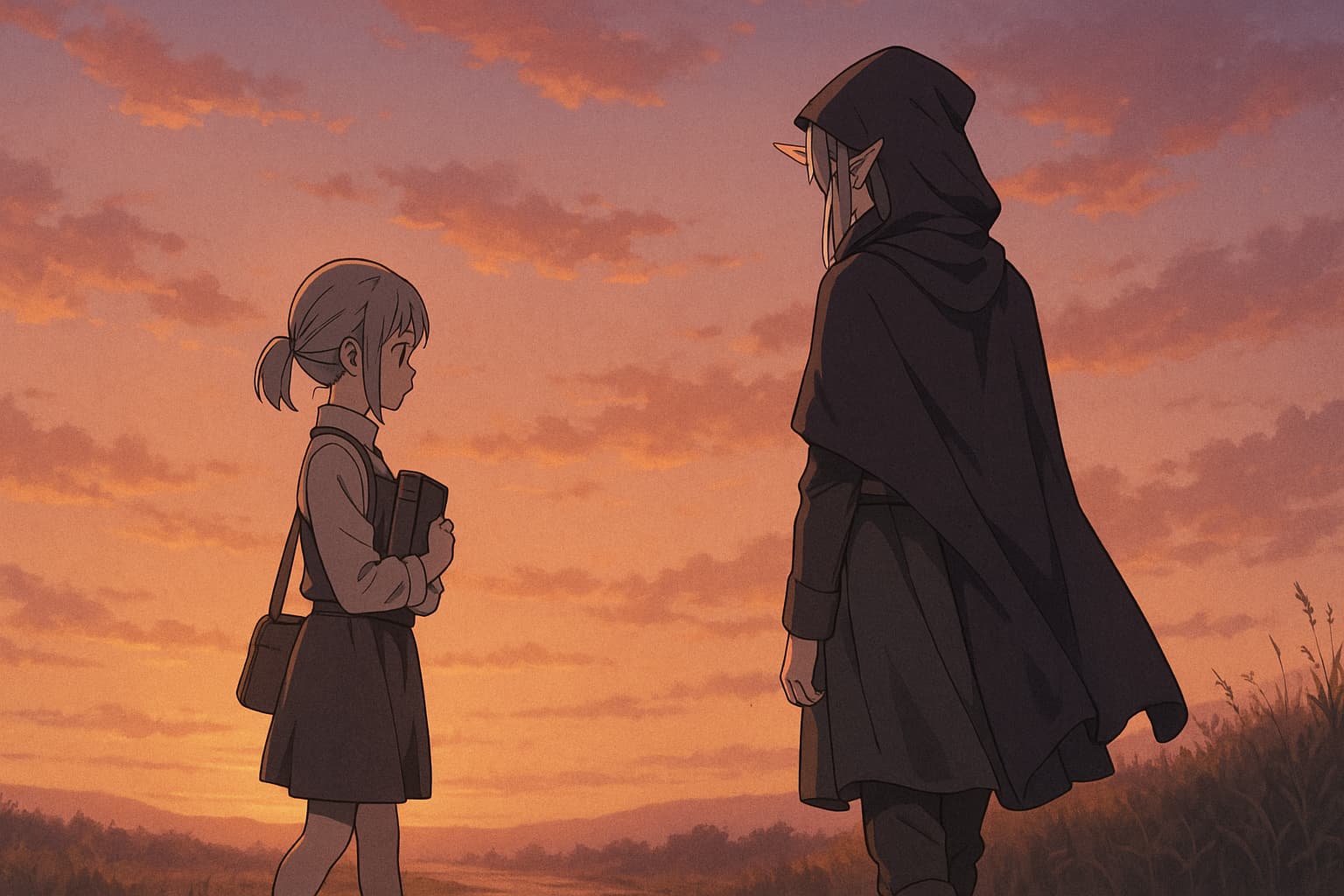 夕暮れの空の下、旅路を歩く小柄な少女とフードを被ったエルフのような人物が向かい合う。少女は魔導書を抱え、真剣な表情で師匠を見つめている。空はオレンジと紫のグラデーションに染まり、二人の間に静かな余韻と別れの予感が漂う。