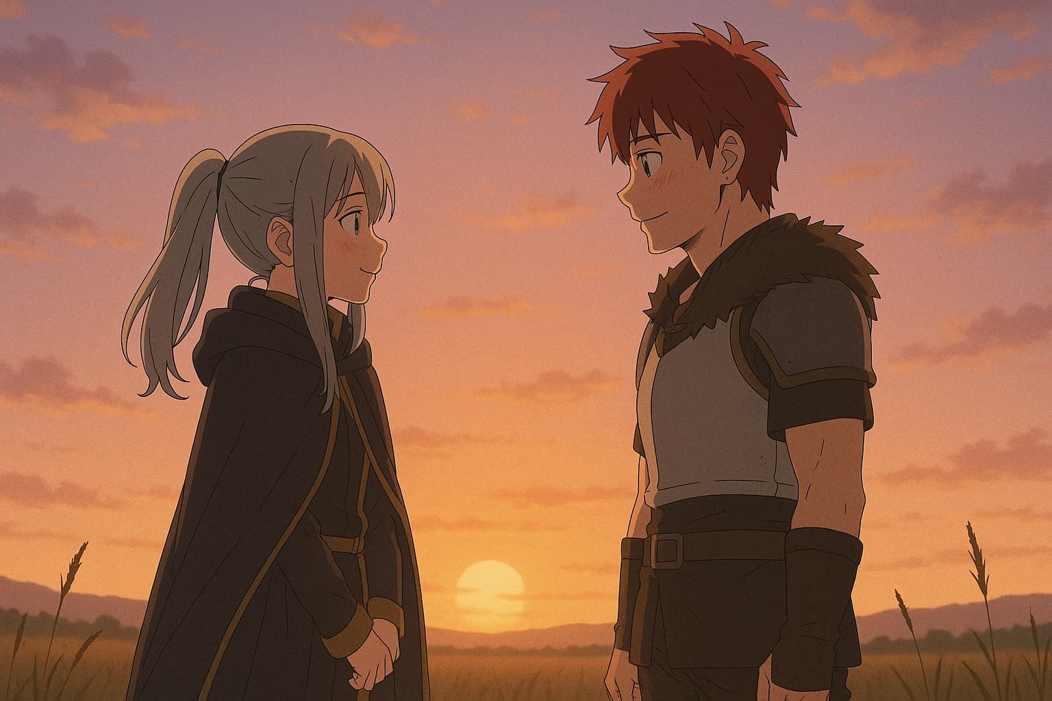 夕暮れの草原で向かい合う若い男女のアニメ風イラスト。少女は黒いローブを着た魔法使い、少年は軽装の戦士風の服装で、ふたりは照れくさそうに見つめ合っている。背景には夕日が沈む広い空と遠くの山並みが描かれ、淡くロマンチックな雰囲気が漂っている。