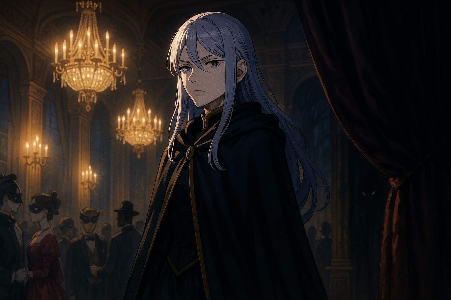 仮面舞踏会が開かれる豪華な宮殿のホールで、長い銀髪をたなびかせる女性魔法使いが黒いマントを羽織って静かに立っている。背景にはシャンデリアと仮面を着けた来客たちが描かれ、右奥のカーテンの影には不気味な光る目の暗殺者の姿が潜んでいる。