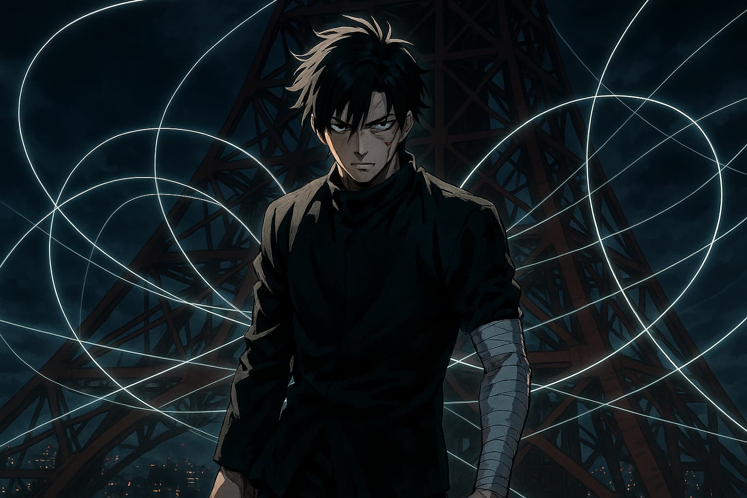 東京タワーを背に、鋼線を操る黒髪の暗殺者が夜の街を見下ろしている。腕に包帯を巻き、険しい表情を浮かべる姿が印象的なアニメ風イラスト。