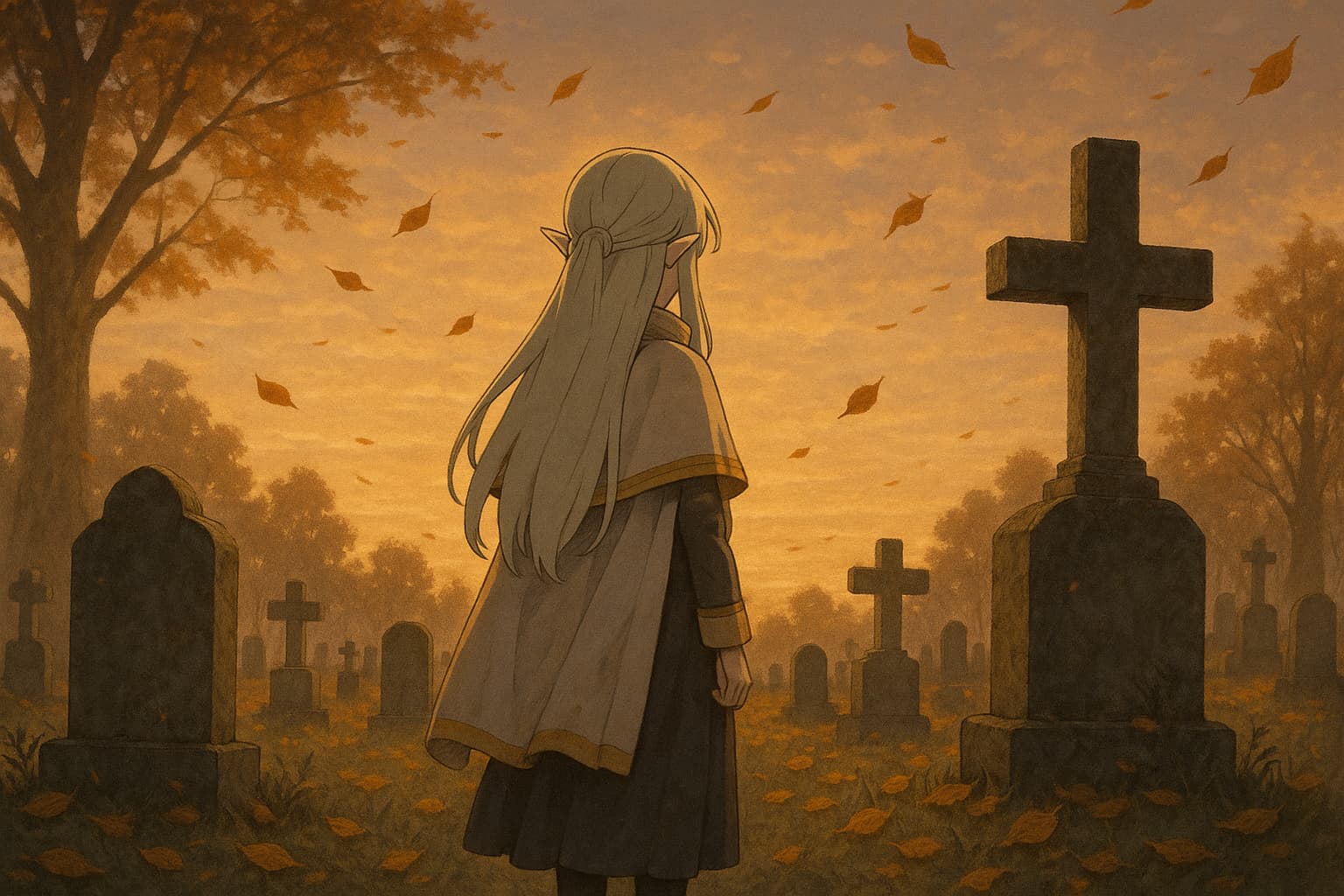 夕暮れの墓地にたたずむエルフの少女の後ろ姿。落ち葉が舞い、静かな空気が漂う『葬送のフリーレン』の世界観を象徴する風景。