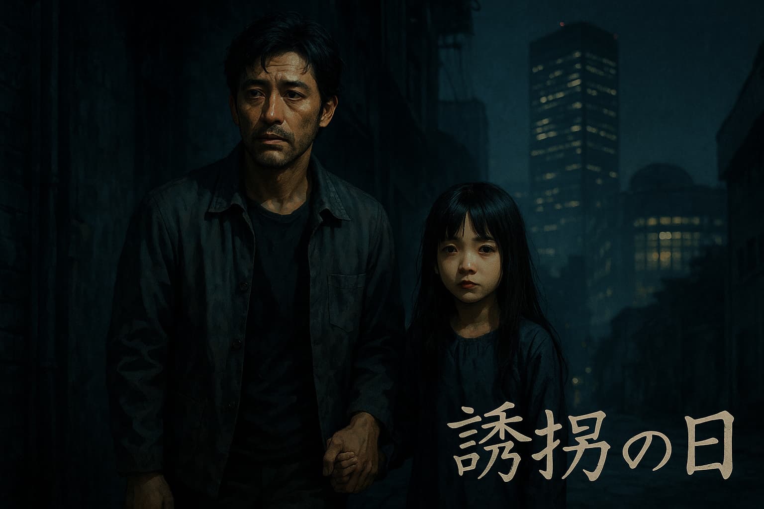 暗い路地裏に佇む中年の男性と記憶喪失の少女。背後には高層ビルと研究施設の光がぼんやりと浮かび上がり、画面右下に『誘拐の日』の手書き風タイトルが表示されている。