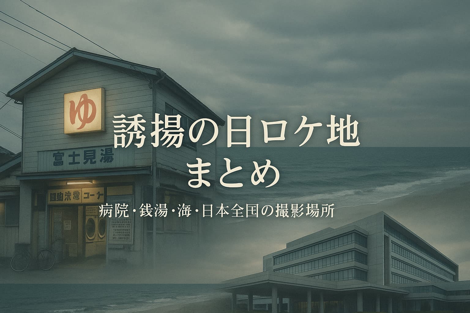 昭和レトロな銭湯「富士見湯」、曇り空の下に広がる海辺、現代的な病院の外観が1枚に重なったコラージュ画像。中央に『誘拐の日ロケ地まとめ｜病院・銭湯・海・日本全国の撮影場所』という日本語タイトル入り。