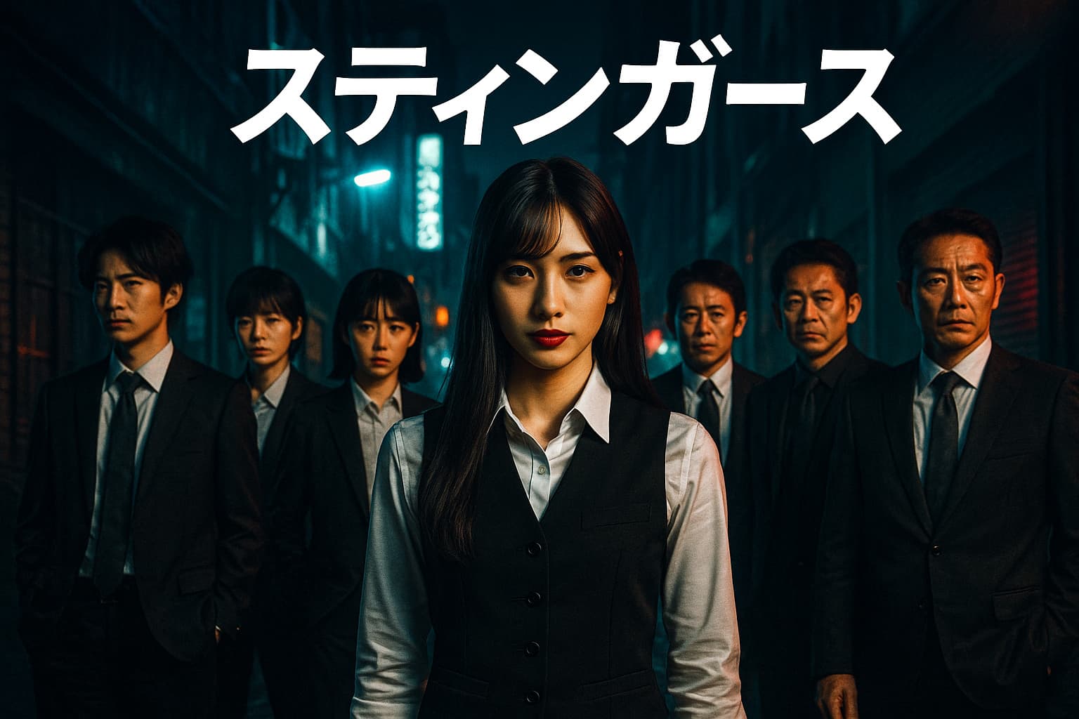 ドラマ『スティンガース』のイメージビジュアル。暗い路地裏に立つディーラー姿の女性（松井愛莉風）が中央に立ち、背後にスーツ姿の警察チーム6人が並ぶ。夜のネオンが光る中、緊張感とサスペンスを漂わせた構図。