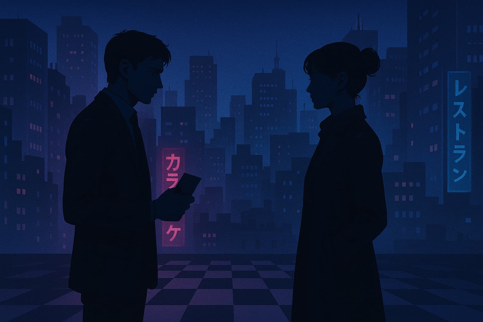 夜の都会の屋上で向かい合う男女の刑事。ネオンに照らされたチェス盤模様の床の上で、男性はバッジを持ち、女性は静かに対峙している。背景には“カラオケ”と“レストラン”の日本語看板が光る高層ビル群。