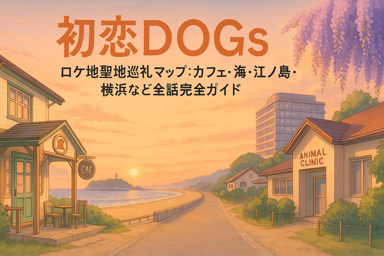 夕暮れの海辺に佇むドッグカフェと動物病院。奥には江ノ島が見え、藤の花が咲き誇る道沿いにはホテルも描かれている。『初恋DOGs』のロケ地を象徴する情緒的なイラスト。