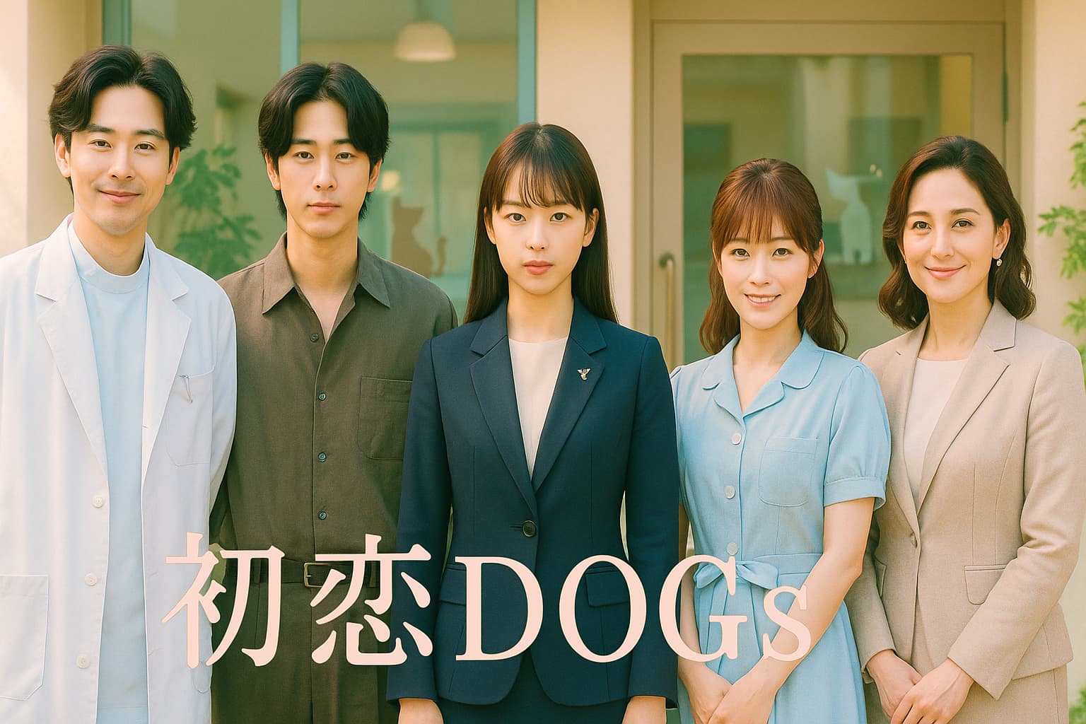 ドラマ『初恋DOGs』の主要キャスト5人が動物病院の前に並ぶ。成田凌が白衣、ナ・イヌが私服、清原果耶がネイビースーツ、深田恭子が水色ワンピース、宮澤エマがベージュのスーツ姿で微笑む。