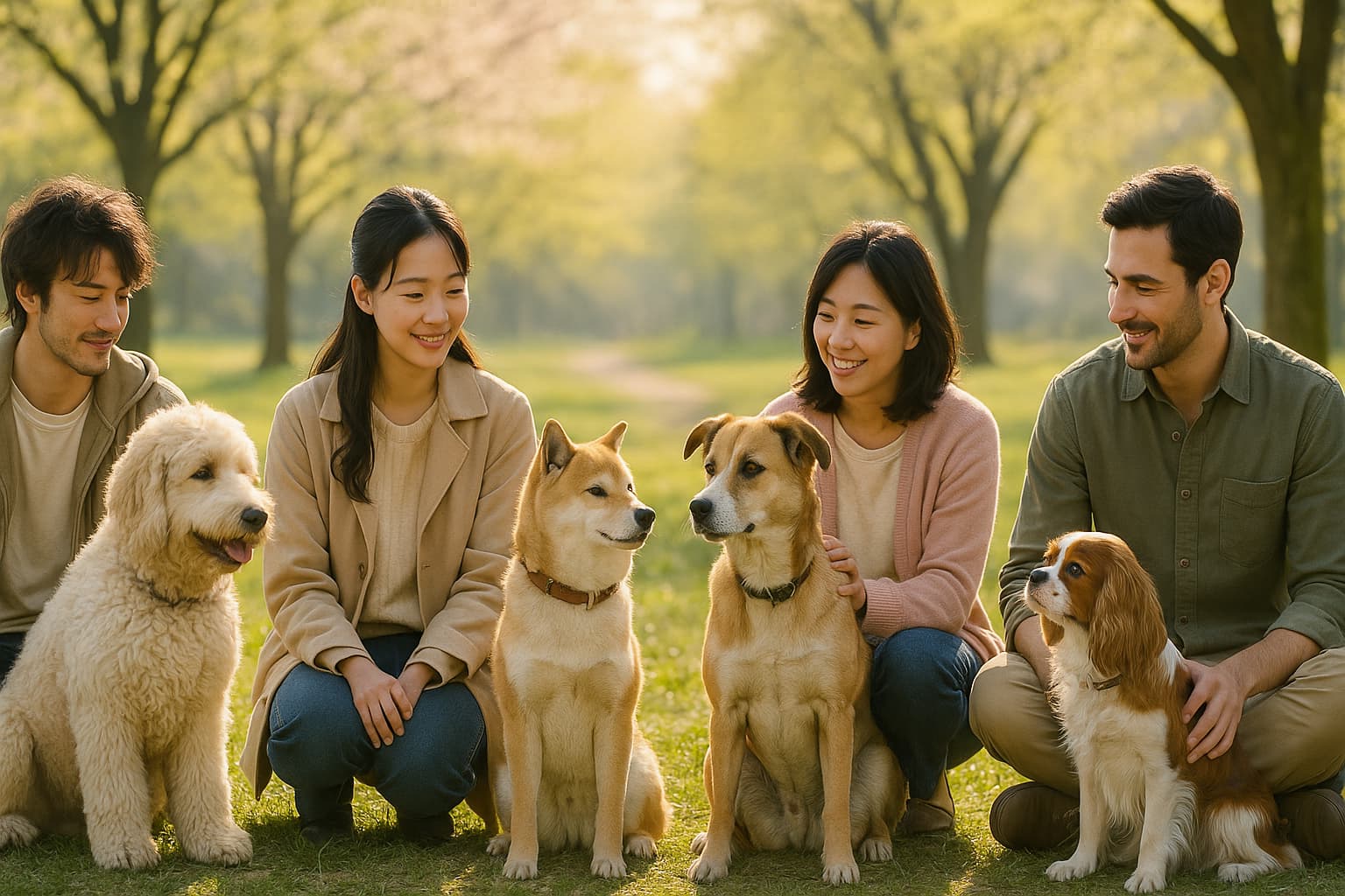 春の日差しが差し込む公園で、ゴールデンドゥードル、豆柴、雑種犬、キャバリア・キングチャールズ・スパニエルの4匹が、それぞれ飼い主と寄り添って座っている。犬たちはお互いを見つめ合ったり、飼い主を見上げたりしており、穏やかで温かな雰囲気が漂っている。
