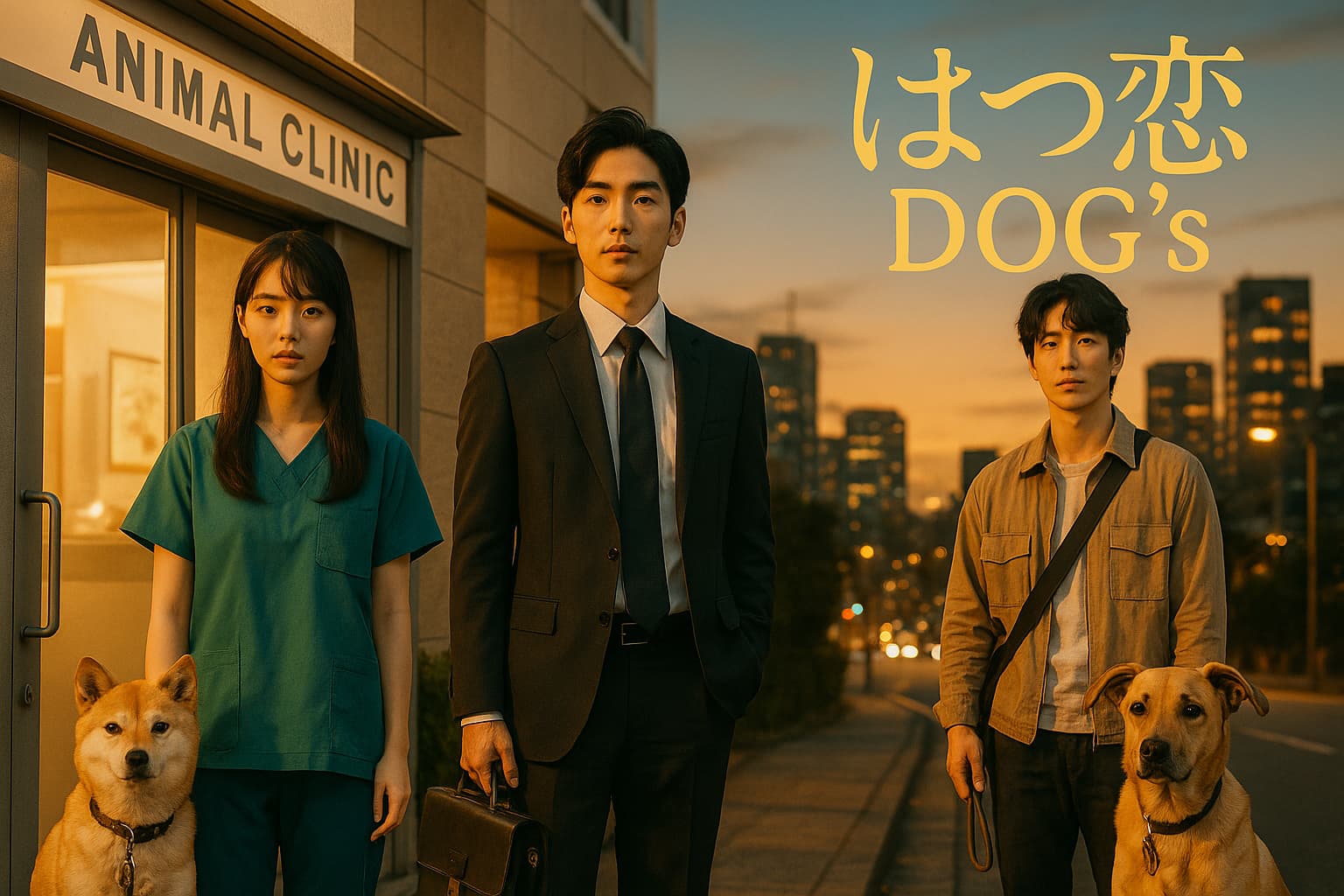 夕暮れの都会の動物病院の前に立つ3人の登場人物と2匹の犬。左から、緑の医療服を着た若い女性、スーツ姿の男性、カジュアルな服装の男性がそれぞれ犬とともに並び、右上には『はつ恋 DOG's』のタイトル文字がある。