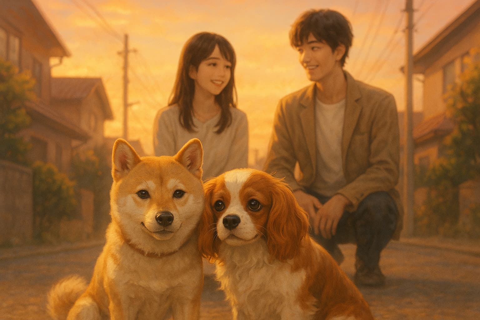 夕暮れの住宅街で寄り添う2匹の犬（柴犬とキャバリア）、背景には見つめ合う若いカップルが優しく微笑んでいる情景