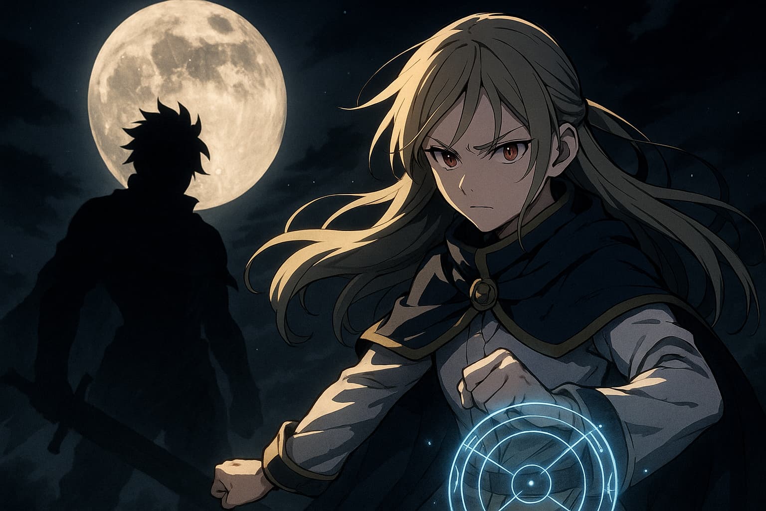 満月を背にした戦闘態勢の若い女性魔法使いが、魔法陣を展開しながら影の戦士と対峙するアニメ風イラスト。夜空と緊張感あふれる雰囲気が特徴。