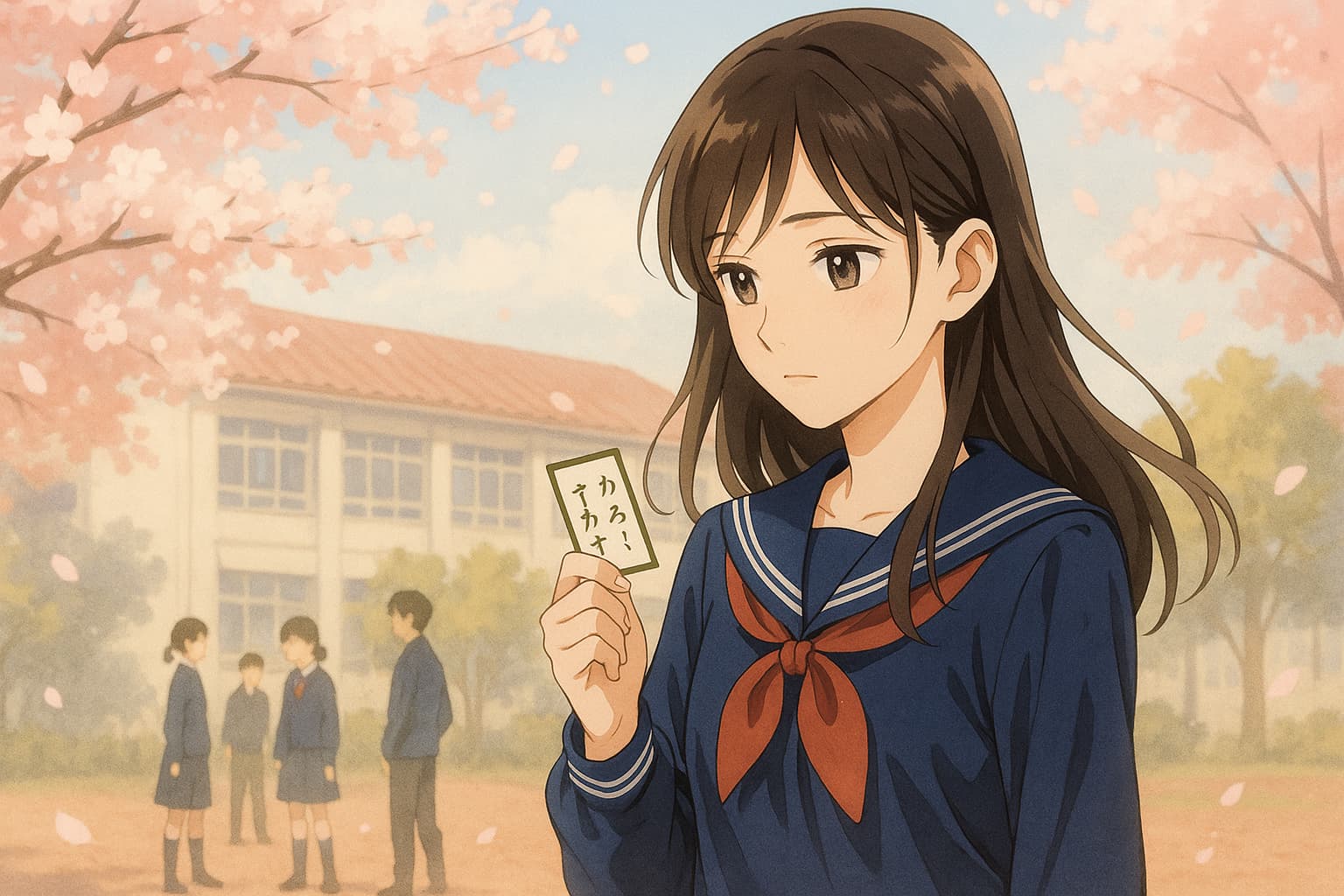 桜が舞う春の校庭で、制服姿の女子生徒がかるた札を見つめている。背景には旧校舎と、遠くに立つ部活仲間たちの姿がぼんやりと見える。やわらかな光に包まれた、静かで感情的な青春のワンシーン。