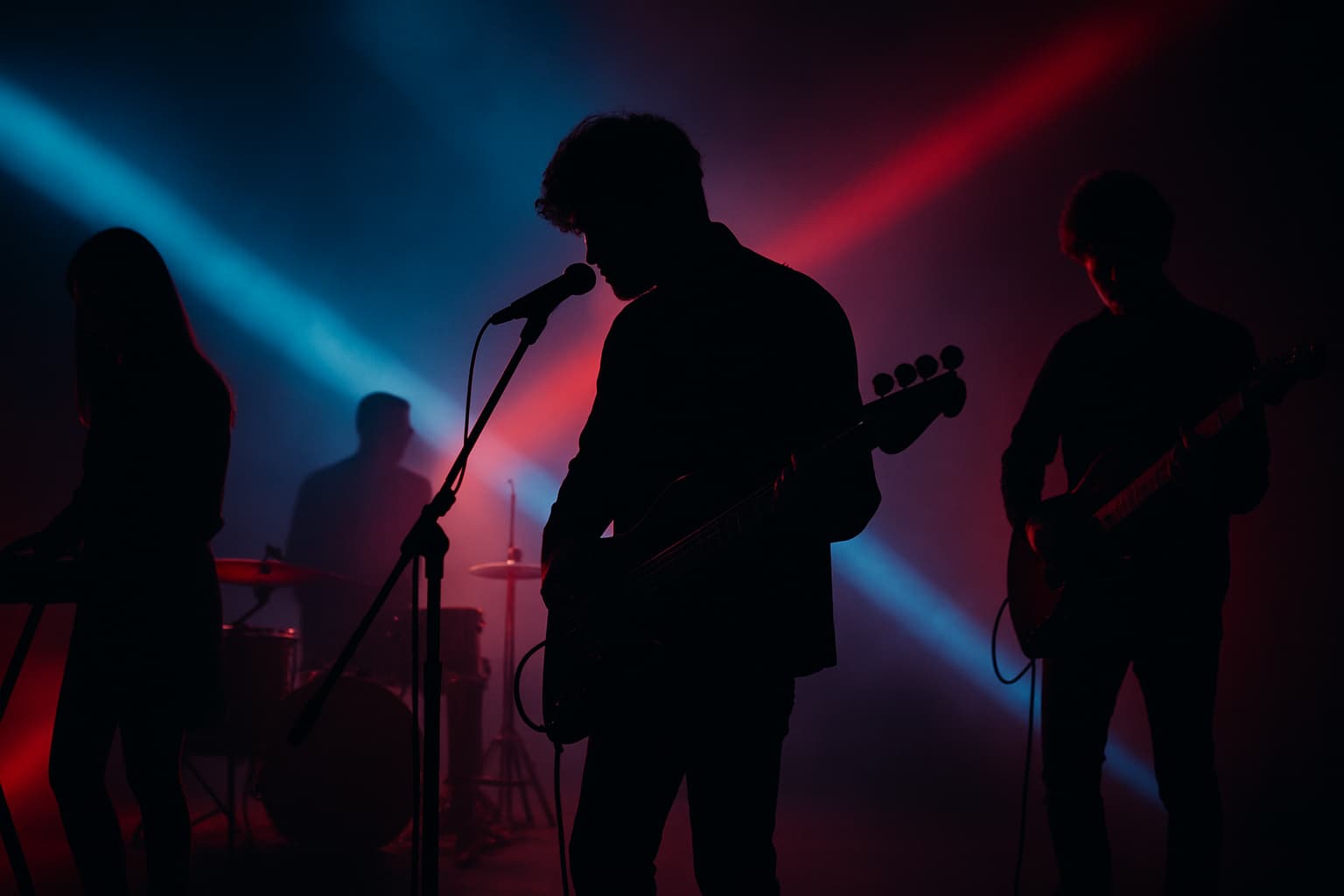 暗いステージ上で、スポットライトに照らされた4人編成のバンドが演奏している。中央にはベースを弾きながら歌う男性ボーカル、左右にはギタリストとキーボーディスト、奥にはドラマーのシルエットが浮かび、背景には青と赤の光が交差している。
