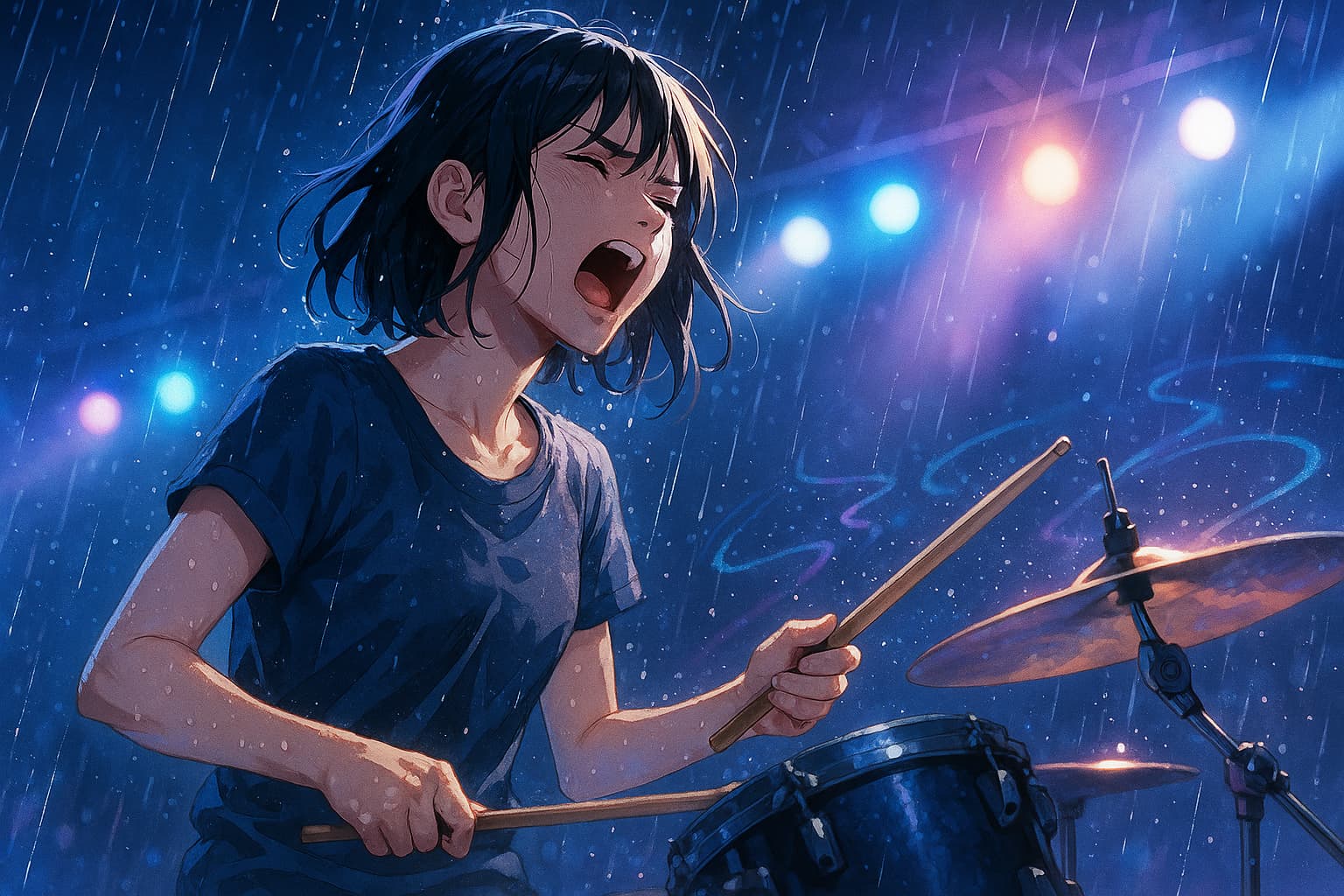 雨の中、ステージでドラムを叩く女性ドラマーのイラスト。ステージライトに照らされ、青と紫の光に包まれながら感情を爆発させて演奏する姿が描かれている。Netflixドラマ『グラスハート』の世界観を象徴するような青春と音楽の瞬間。
