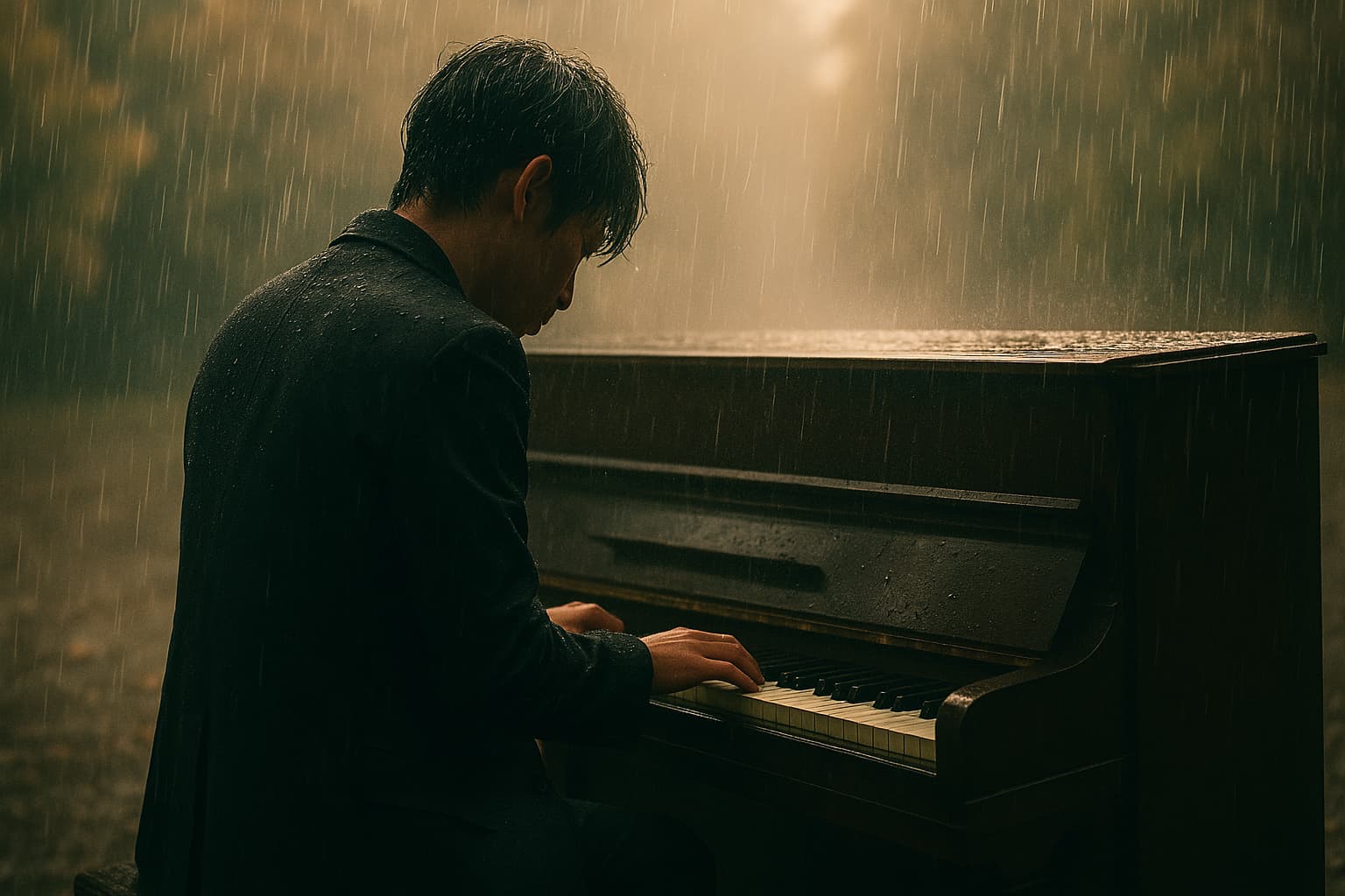 雨の中、ずぶ濡れになりながらピアノを弾く若い男性の後ろ姿。静けさと感情が交差する、映画のようなワンシーン。