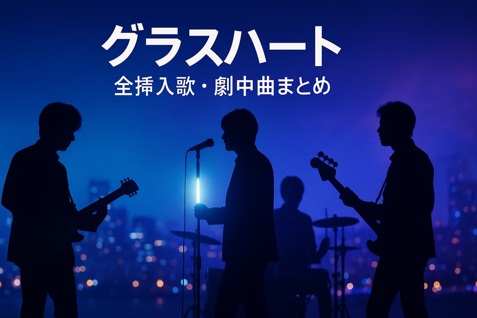 夜の都市を背景に、青と紫のライティングの中で演奏する4人組バンドのシルエット。中央にマイクスタンドとボーカル、左右にギターとベース、奥にドラム。画面上部に“グラスハート｜全挿入歌・劇中曲まとめ”のタイトル文字が表示されている。