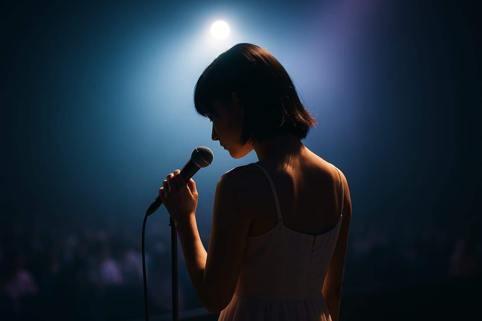 スポットライトを浴びながらステージに立つ女性歌手の後ろ姿。肩までの黒髪、白いドレスを身にまとい、マイクを握ってわずかにうつむいている。背景には青と紫のライトが交錯し、観客席は暗くぼやけている。