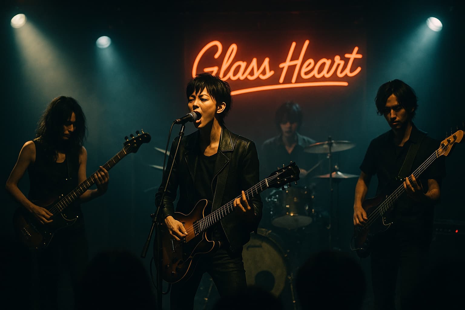夜のライブハウスでスポットライトを浴びる4人組ロックバンド『Glass Heart』の熱演シーン。ボーカルが情熱的に歌い、背後にネオン風のバンドロゴが輝いている。観客の熱気が暗闇に溶け込み、ドラマの青春と音楽の熱狂を象徴する情景。