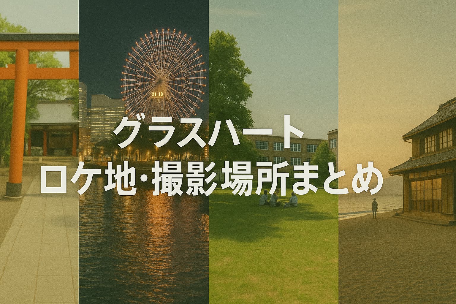 『グラスハート』のロケ地を紹介する横長コラージュ画像。左から順に、川越氷川神社の赤い鳥居と絵馬、夜の横浜みなとみらいの観覧車と海面の反射、芝生の広がる大学キャンパスで座る学生たち、夕暮れの海辺に建つ木造建築と人物の後ろ姿。中央に「グラスハート ロケ地・撮影場所まとめ」の白文字タイトル。