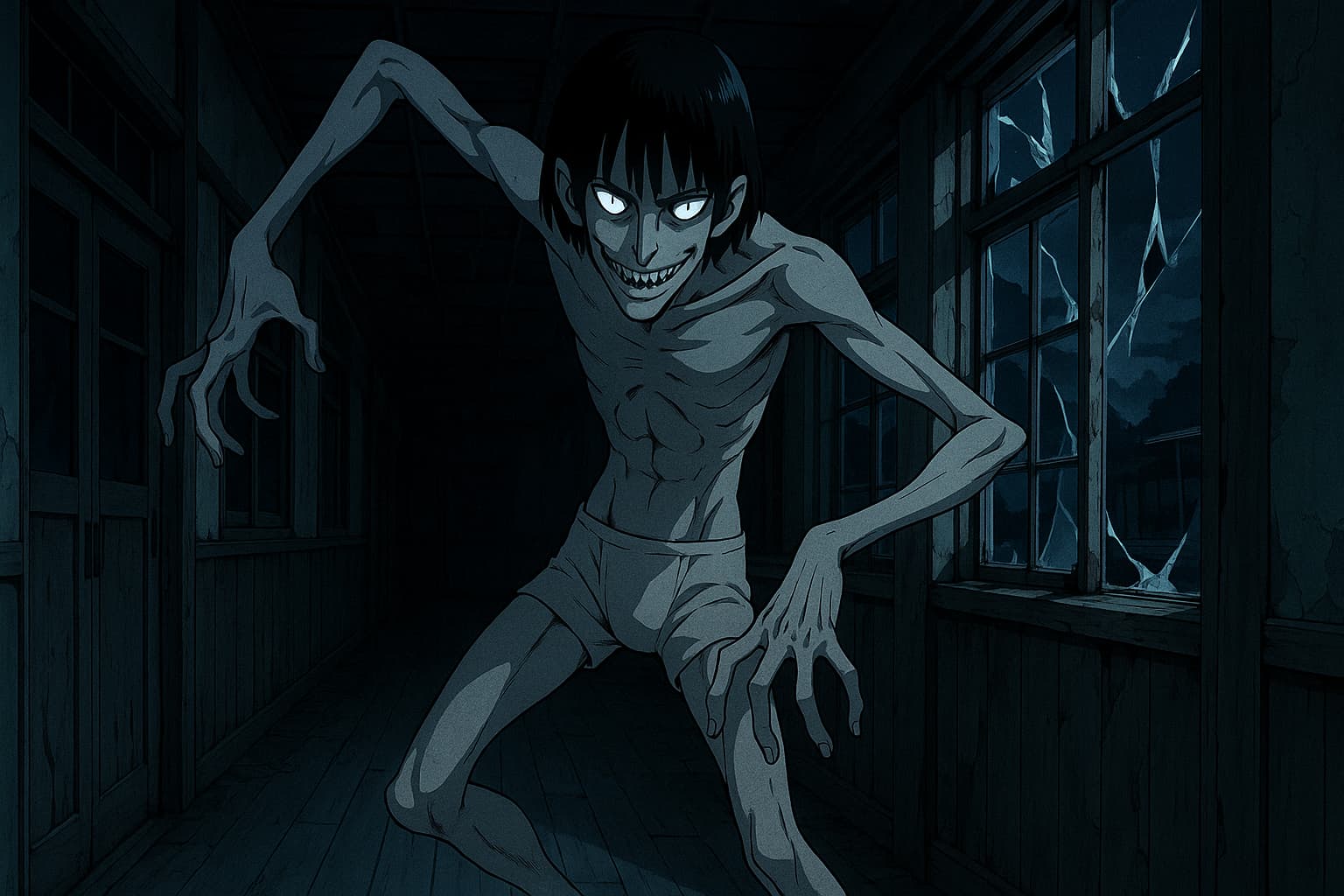 『ダンダダン』のキャラクター「邪視」をイメージしたイラスト。 白く痩せた長身、骨ばった手足がくねくねと揺れる姿、縦長の瞳孔を持つ鋭い目、ブリーフ一枚の奇妙な服装。 背景は廃校の薄暗い廊下、割れた窓から差し込む月明かり。 ホラーとコミカルが同居する雰囲気で、陰影を強調したアニメ風。 カラーは寒色系（青・灰）を基調に、目だけが妖しく光る。