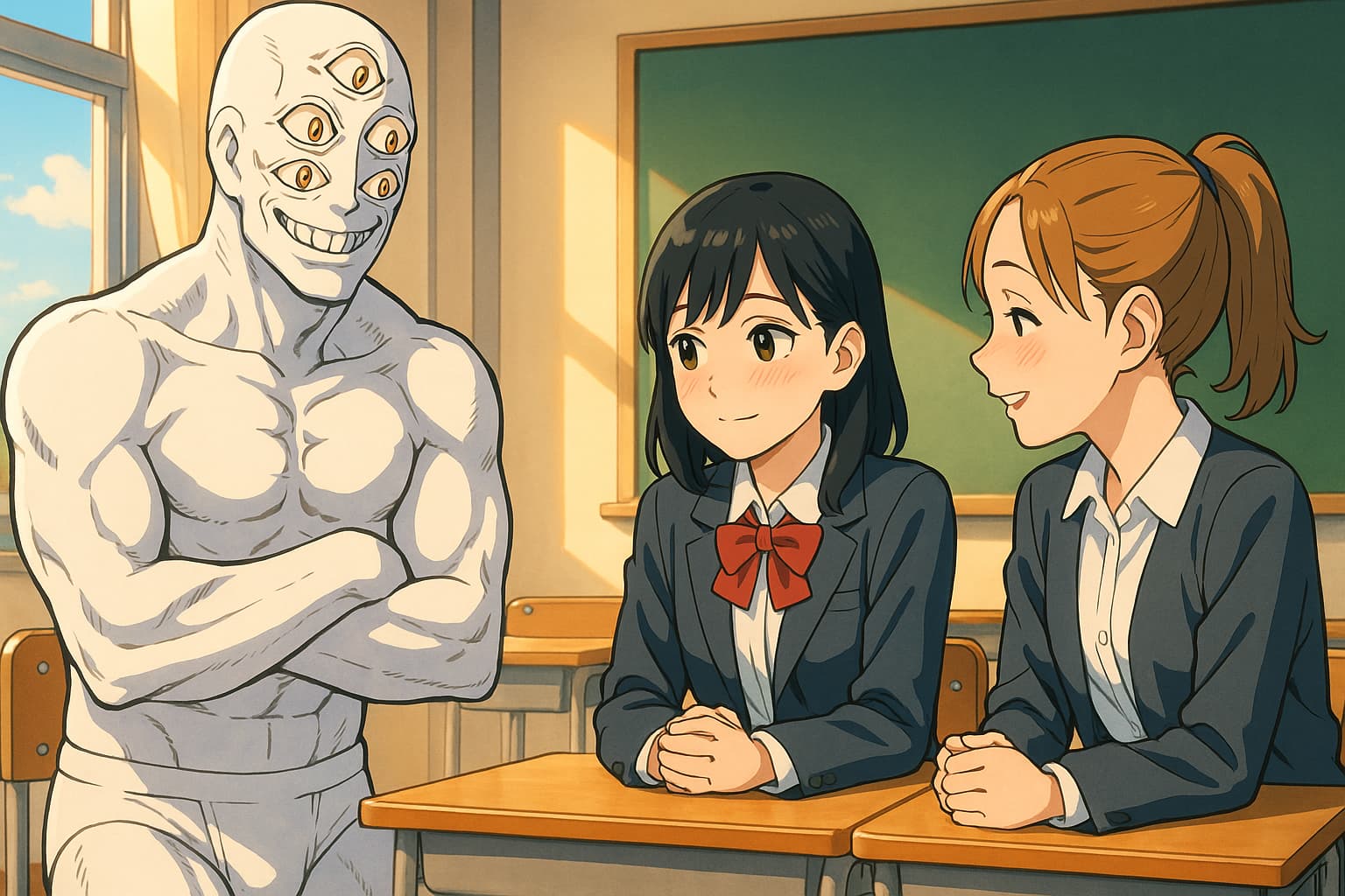 教室の中で、白く筋肉質な体と縦に並んだ複数の目を持つ怪異・邪視が腕を組み、笑顔で女子高生二人を見守っている。黒髪の女子は赤いリボンの制服姿で少し照れた表情、隣の茶髪ポニーテールの女子は笑顔で会話している。窓からは柔らかな日差しが差し込む、放課後の温かい雰囲気のシーン。