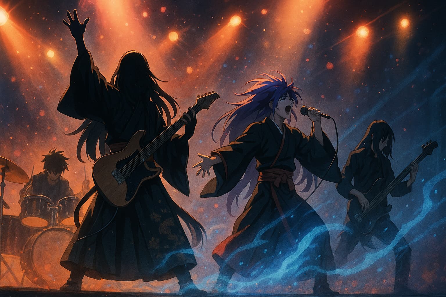 和装とヴィジュアル系ロックの要素を融合させたバンドが、漆黒のステージで演奏しているアニメ風イラスト。中央のボーカルは長髪をなびかせて熱唱し、両脇にはギターとベースを構えるメンバー、奥にはドラム演奏者がいる。背景にはオレンジ色の照明とスモークが漂い、霊的な光の波紋が舞っている。