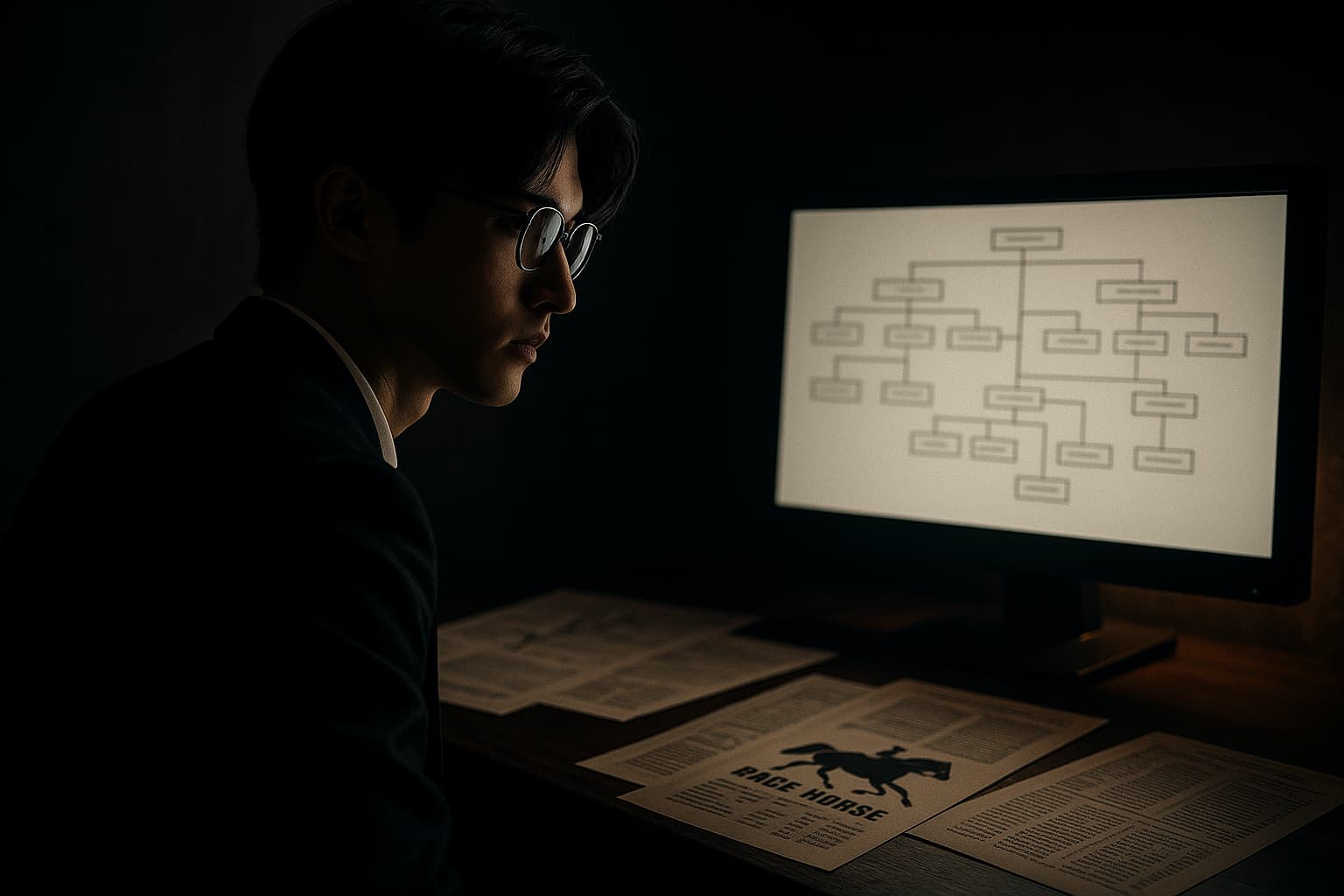暗い部屋でパソコン画面を見つめる黒髪メガネの若い男性。画面には家系図が映り、机の上には競馬に関する資料が広がっている。