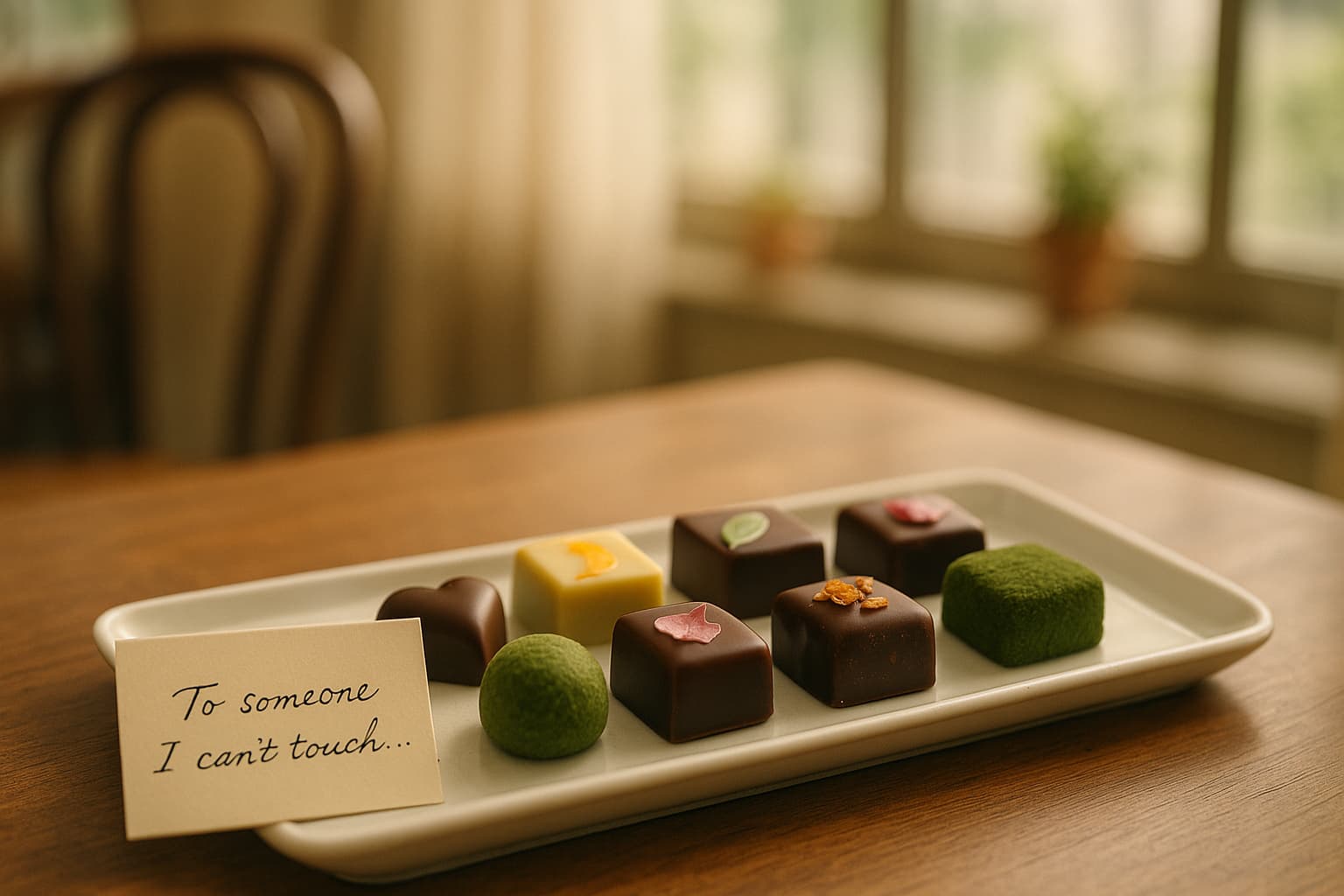 Netflixドラマ『匿名の恋人たち』に登場する、ル・ソベールのチョコレート。白い陶器のトレイに並んだ7種類の高級チョコレートと、「To someone I can't touch...」と書かれたメッセージカードが添えられている。