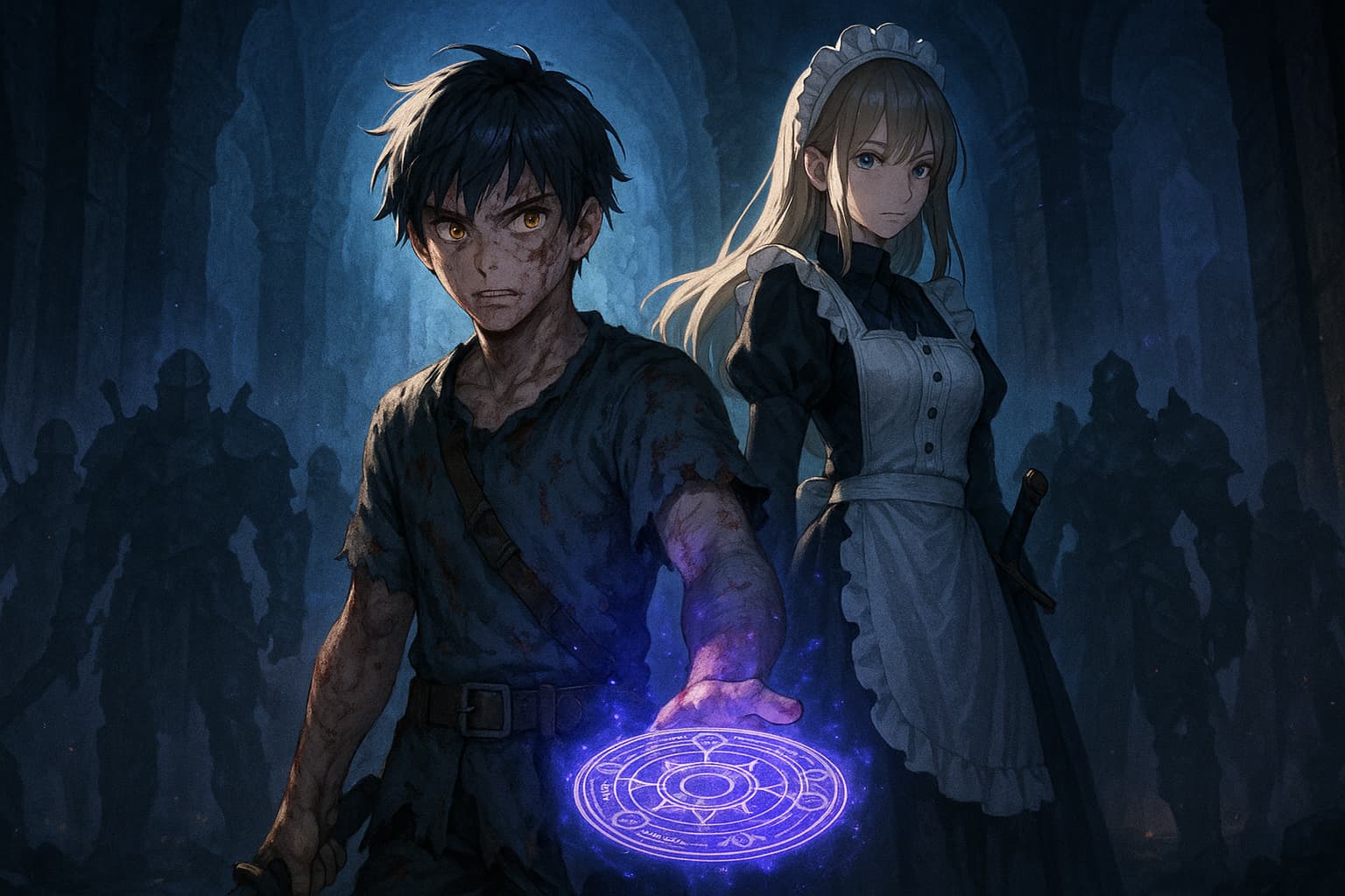 異世界ダンジョンの奥で、傷だらけの少年がガチャの魔法陣を手に立ち、背後にはメイド服の最強仲間と戦士たちの影が控えるダークファンタジー風のイラスト