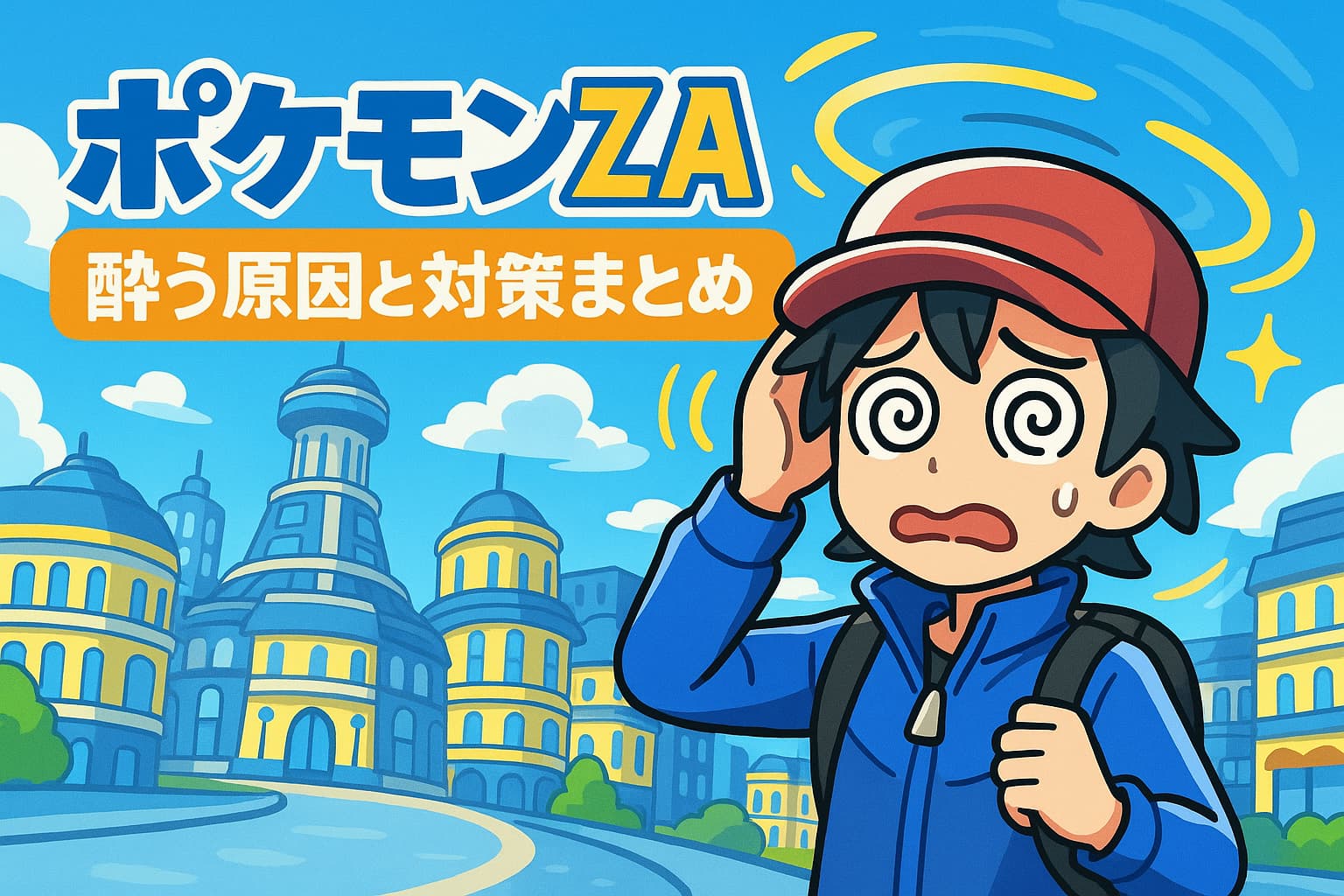 ポケモンZAで酔ってしまい、困った表情を浮かべるポケモントレーナー。背景にはルミオスシティ風の未来的な都市が広がる。テキストは『ポケモンZA 酔う原因と対策まとめ』。