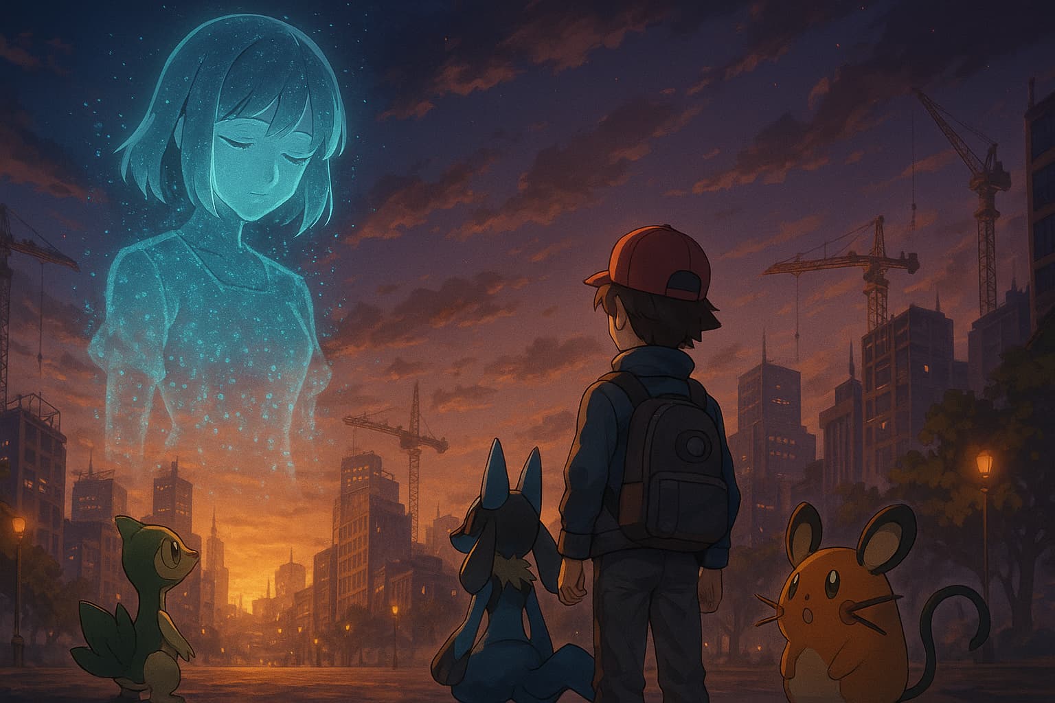 夕暮れのミアレシティを背景に、建設中のビル群とクレーンが立ち並ぶ中、ポケモントレーナーと3体のポケモン（ツタージャ、ルカリオ、デデンネ）が、空に溶けていくホログラムの少女・カナリィを見上げている感動的なシーン。