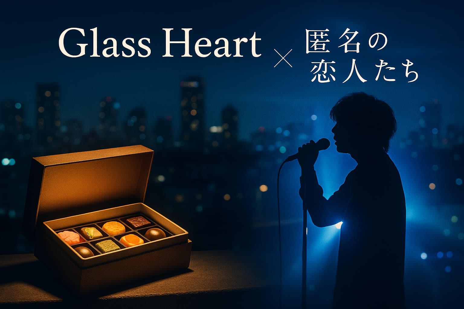 Netflixドラマ『匿名の恋人たち』第6話と『グラスハート』のコラボを象徴するビジュアル。夜景を背景に、左側には温かな光に包まれた高級チョコレートボックス「レインボーパレット」、右側には青いスポットライトの中でマイクを握るTENBLANKの男性シンガーのシルエット。「Glass Heart × 匿名の恋人たち」というタイトル文字が浮かぶ、音楽とチョコレートが想いをつなぐ幻想的なイメージ。