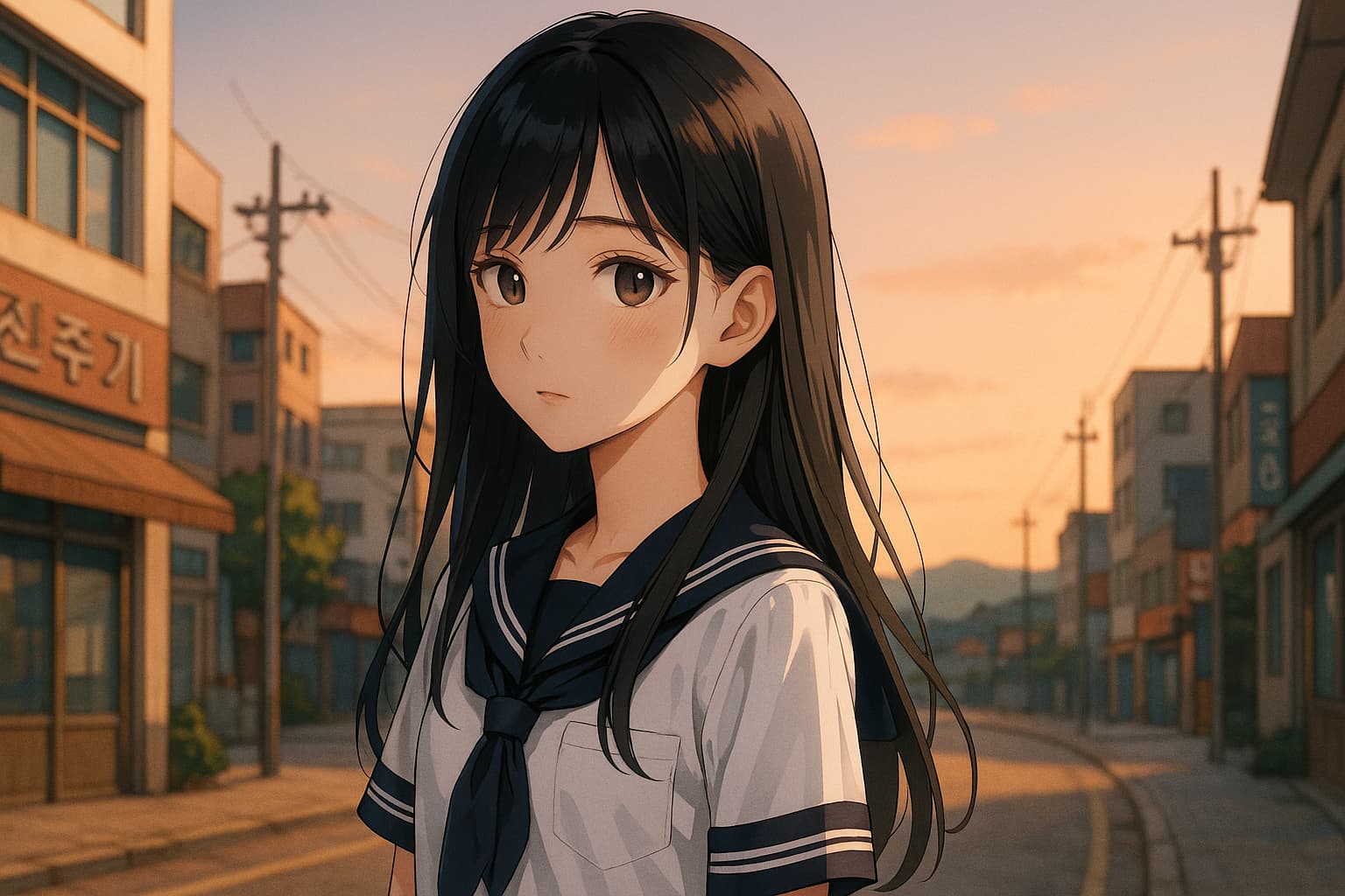 今日好きチュンチョン編に登場する女子高校生が、韓国の街並みの夕暮れを背景に、セーラー服姿で静かに佇むアニメ風イラスト。黒髪ロングと清楚な雰囲気が印象的。