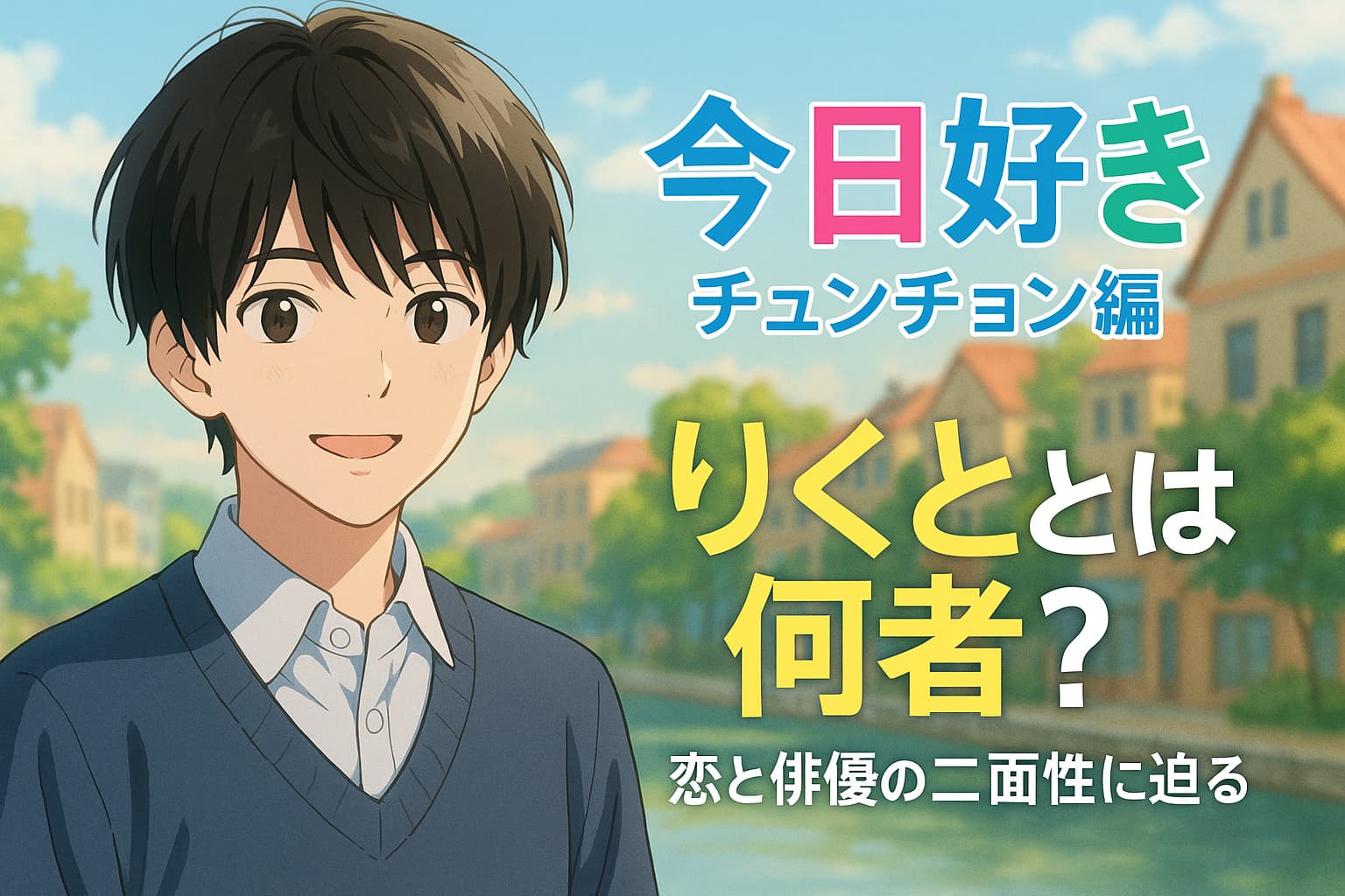 「今日好き チュンチョン編｜りくととは何者？恋と俳優の二面性に迫る」と書かれた横長のアイキャッチ画像。アニメ風の高校生男子が韓国・春川の街並みを背景に微笑んでいる。