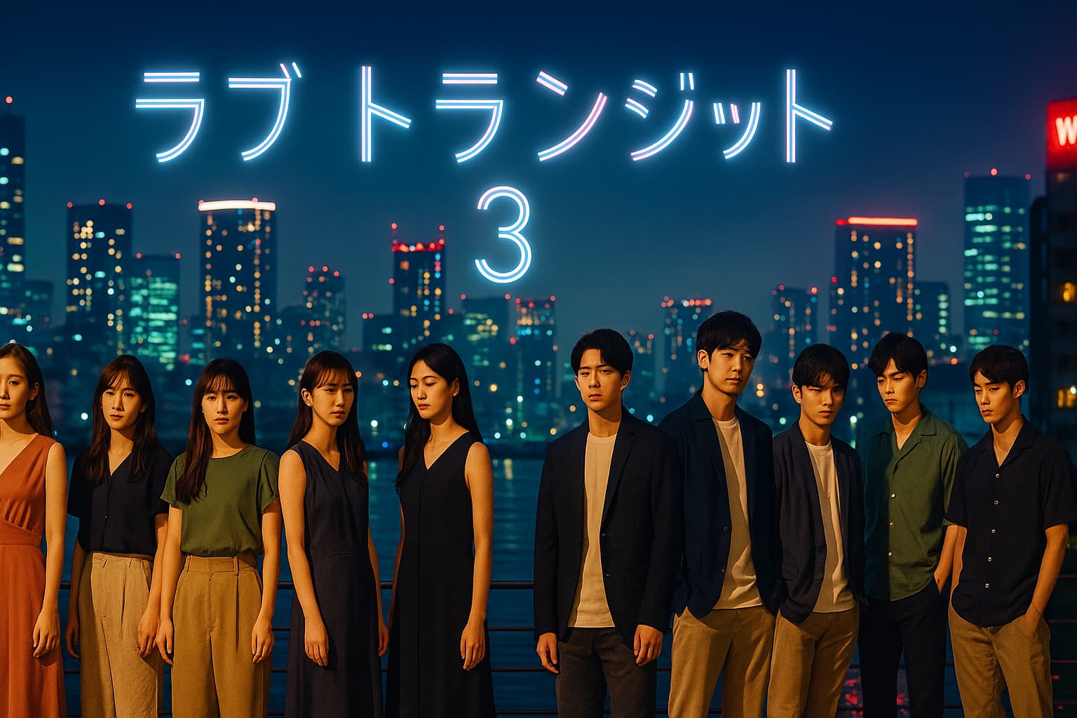 ラブトランジット3の出演者10人が東京の夜景を背に並び立つ。ネオンが輝く都会的な背景とともに、各メンバーが距離を保ちながら立つ姿が、恋愛のすれ違いと再会を象徴する構図。