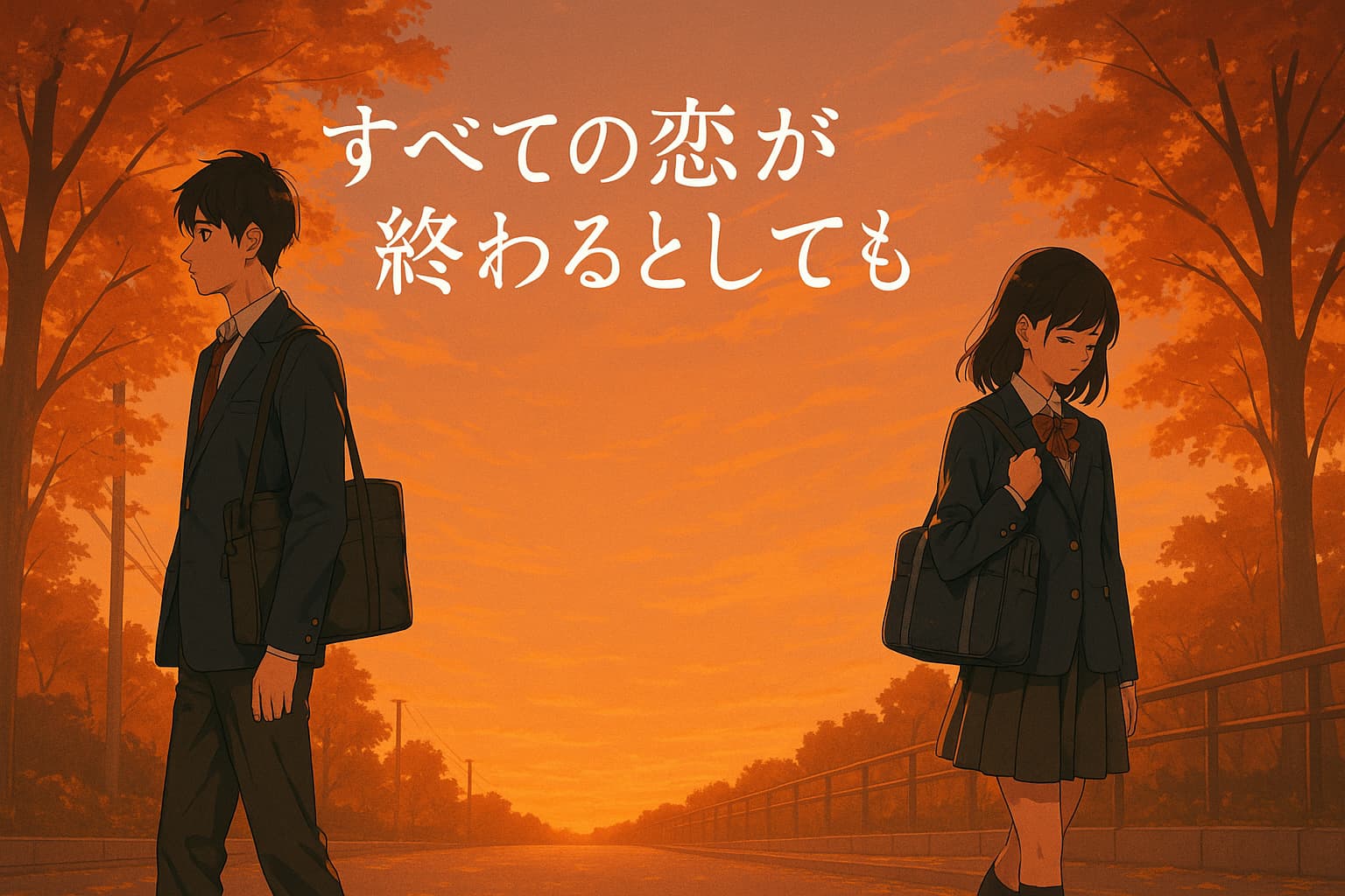 秋の夕暮れ、高校の制服を着た男女が少し距離を置いて歩く帰り道。オレンジ色の空と長い影が、切なさと恋の終わりを感じさせる