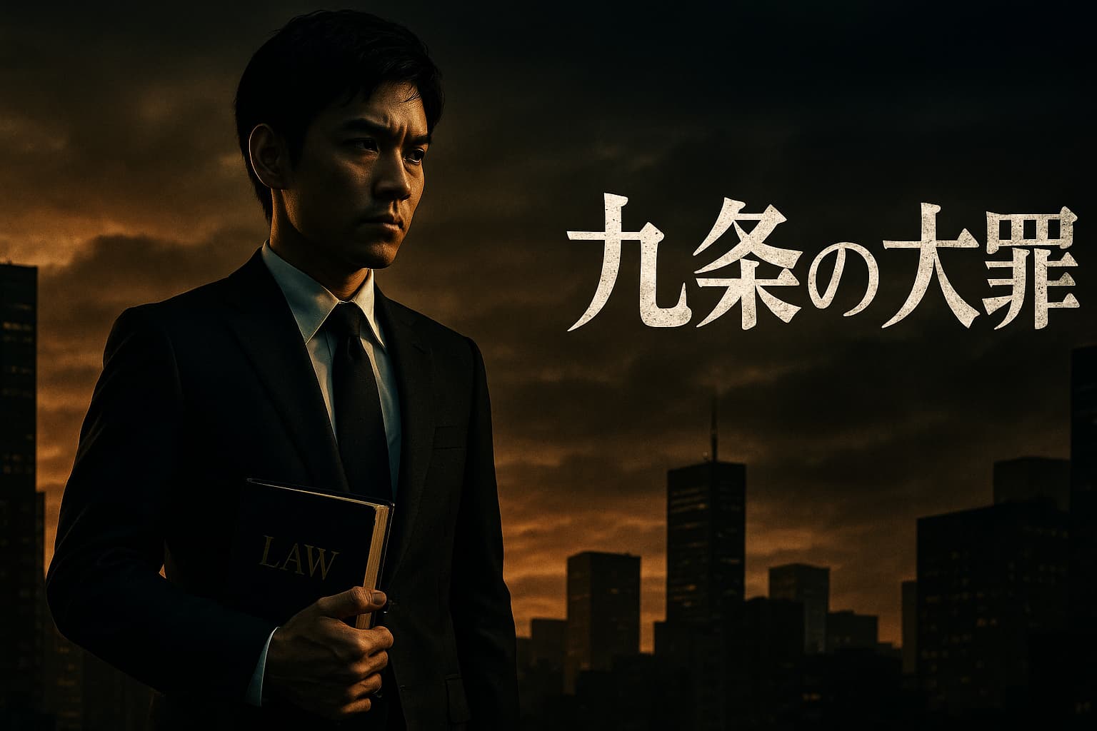 Netflix実写ドラマ『九条の大罪』の主人公・九条間人をイメージしたスーツ姿の青年が夕焼けの都市を背景に立つ、重厚なサスペンス風ビジュアル