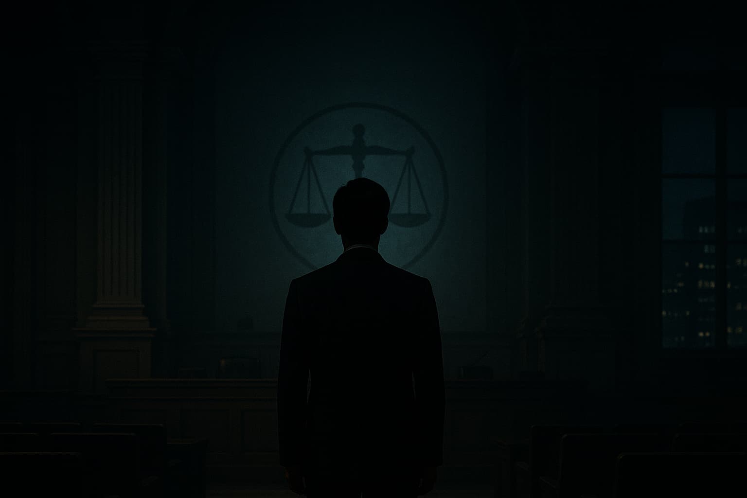 暗い法廷の中央に立つ弁護士の後ろ姿。背景には光る天秤のマークが浮かび、窓の外には夜の都市の灯りが見える。重厚で静謐な雰囲気を持つ構図。