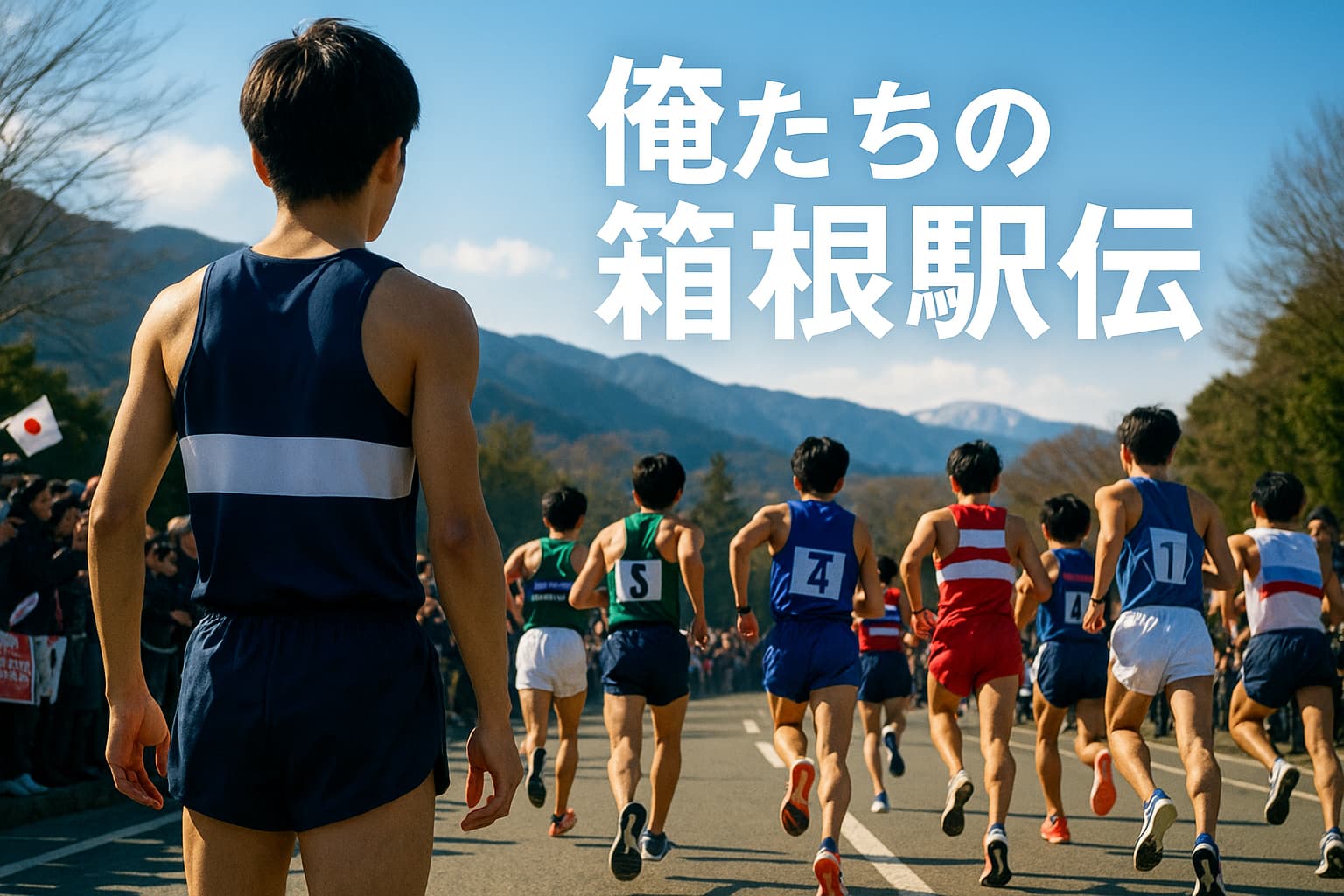 俺たちの箱根駅伝｜ドラマ化記念ビジュアル。箱根駅伝スタートシーン、背中で語るランナーとチームメンバーの疾走、沿道の応援と山並みの風景。