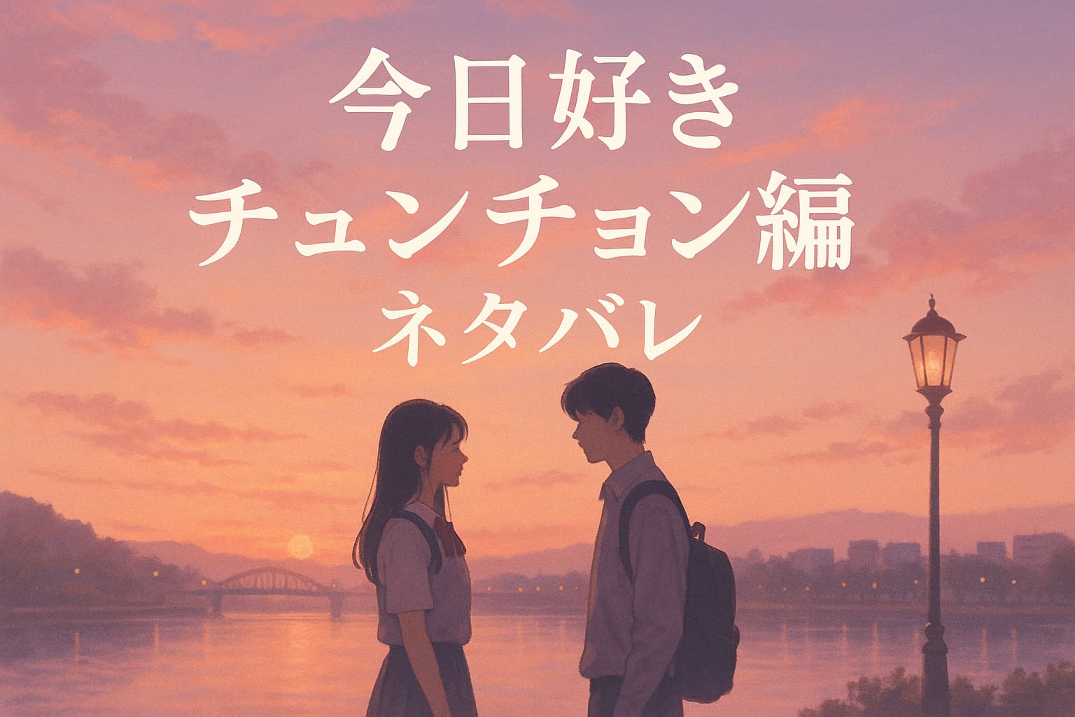韓国・春川の夕景を背景に、高校生の男女が静かに向き合うロマンチックなシーン。湖畔に佇むふたりのシルエットと、遠くに映る橋と街並み。空には淡いピンクとオレンジの夕焼けが広がり、「今日好き チュンチョン編 ネタバレ」の文字が中央に大きく配置されている。