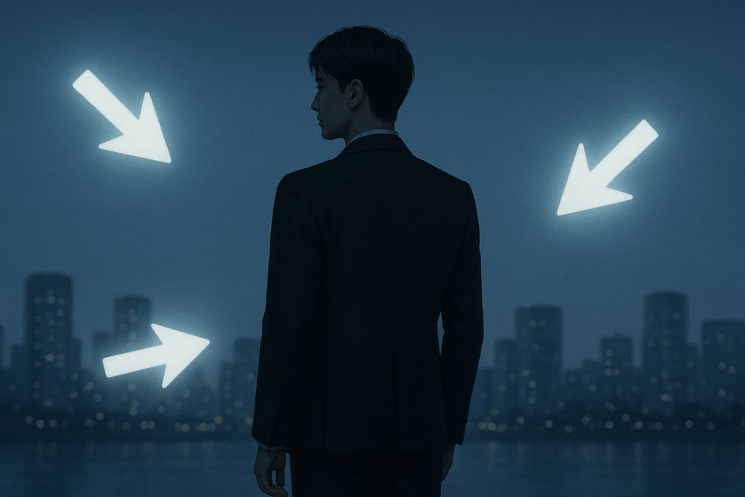 ラブトランジット3のヒロをイメージした男性が夜の都市を背に立ち、3本の矢印が彼に向かって光っている象徴的なシーン