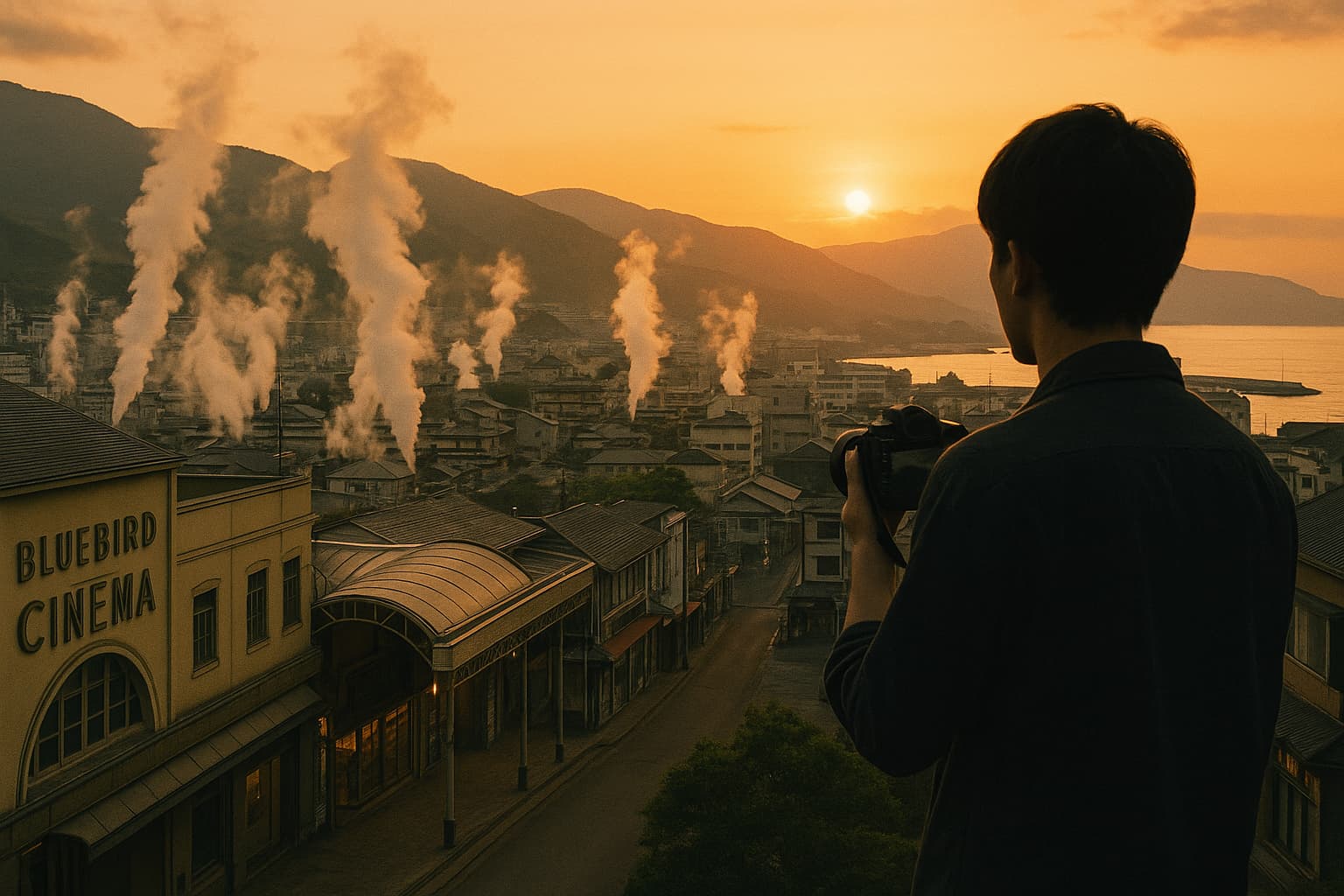 夕暮れの別府温泉街を見下ろす若者と、立ちのぼる湯けむり、港と山並みの風景