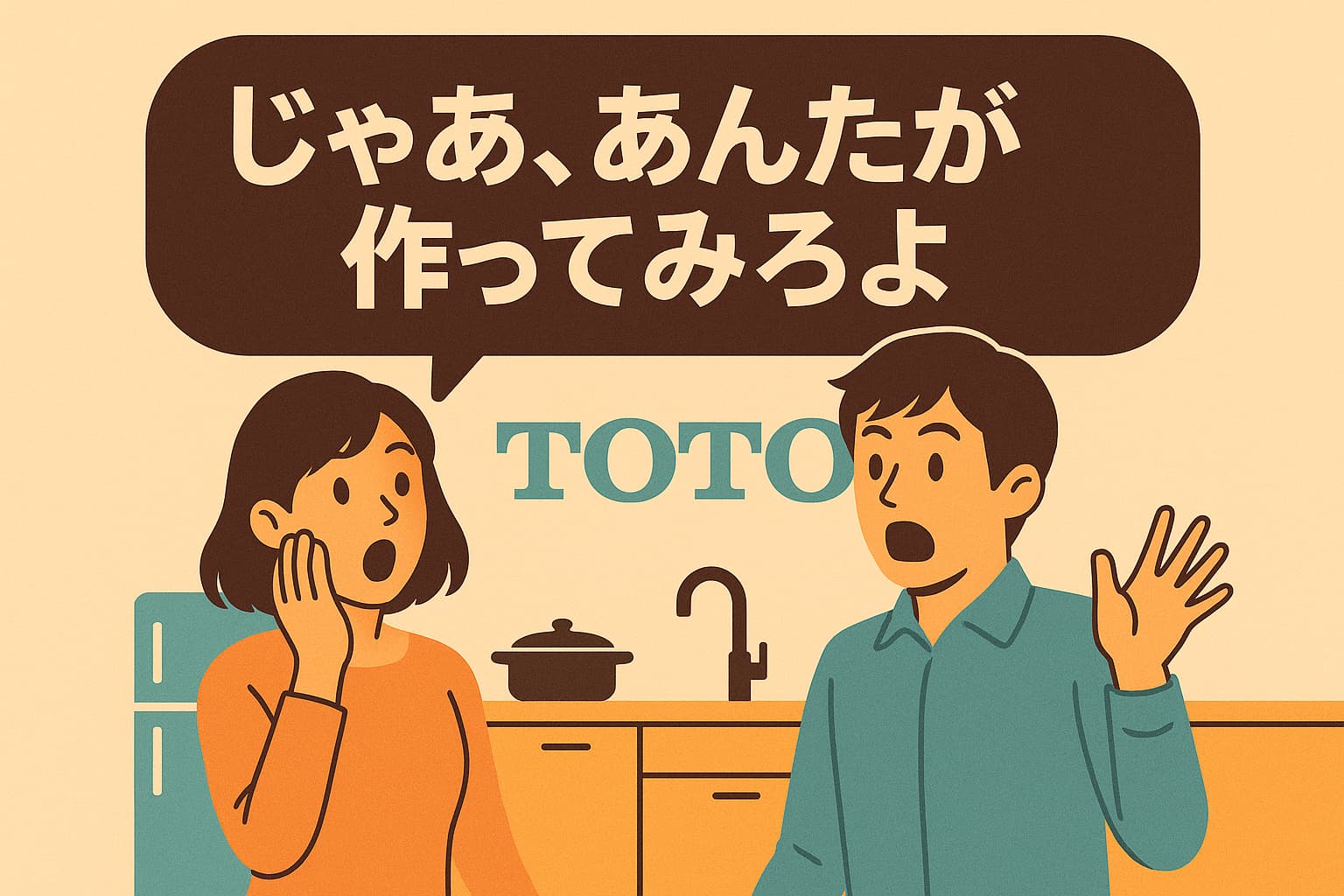 キッチンで驚いた表情を見せる男女と、吹き出しに書かれた『じゃあ、あんたが作ってみろよ』というセリフ。背景にはTOTO風のロゴが浮かぶ、レトロ調のイラスト。