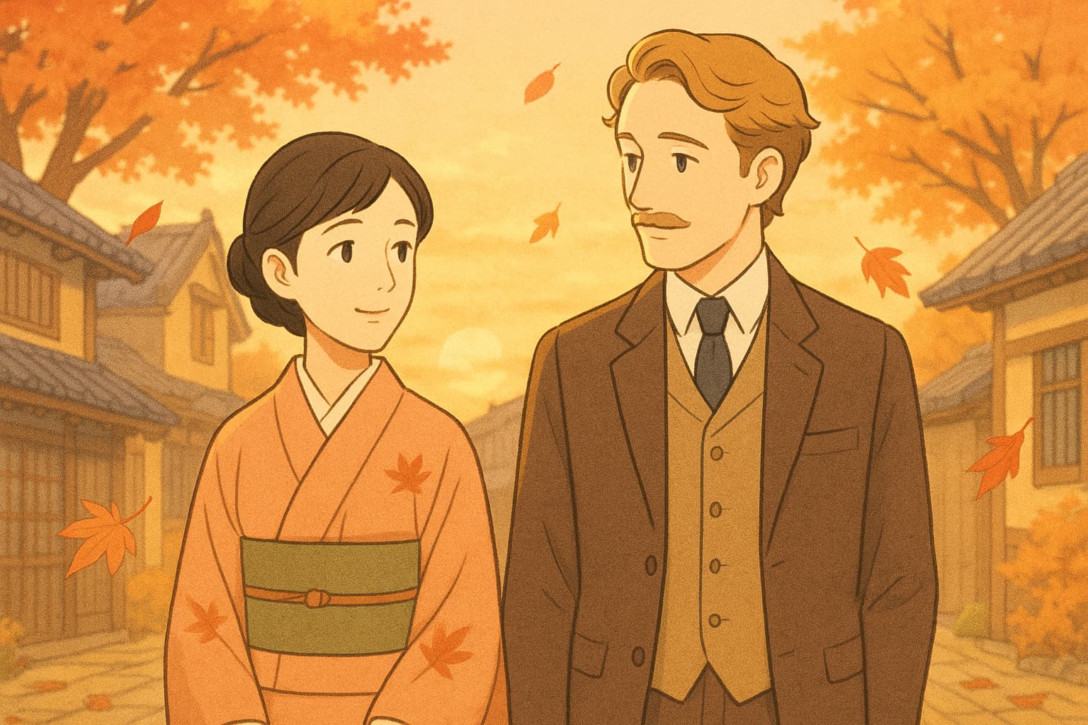 明治時代の町並みを背景に、紅葉が舞う中で寄り添って歩く和装の女性と洋装の外国人男性。夕暮れの柔らかい光が二人を包む、朝ドラ『ばけばけ』の主題歌をイメージした情緒的な風景。