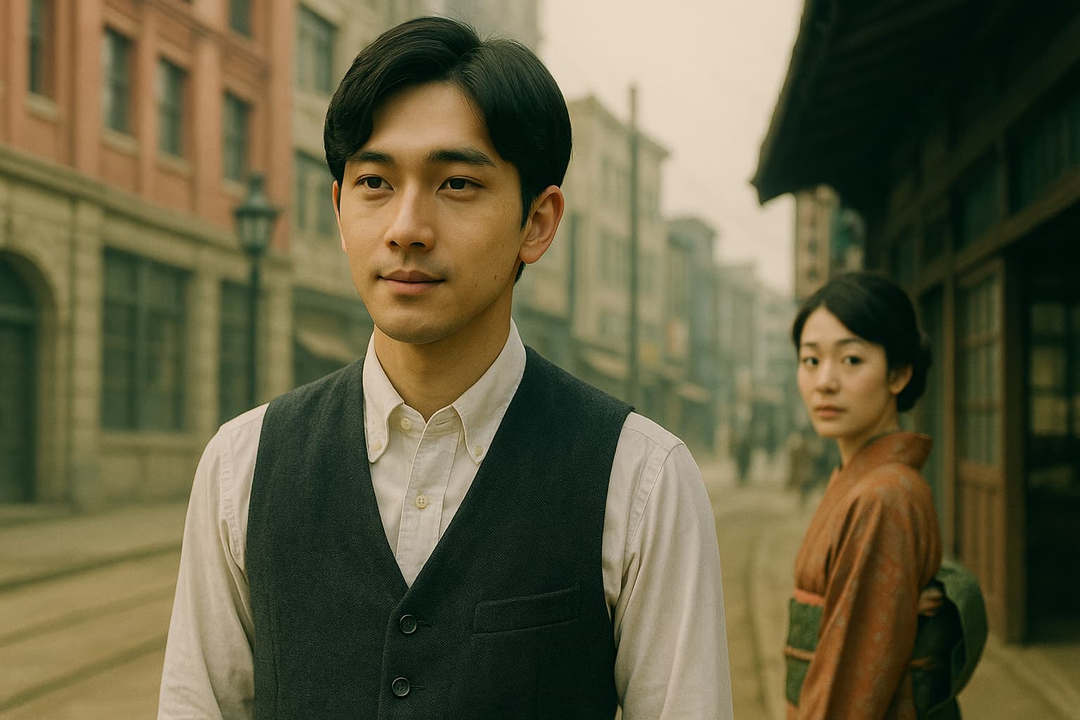 大正時代の街並みに立つ若い男性。白いシャツに黒いベストを着て穏やかな表情を浮かべている。後方には着物姿の女性が振り返りながら彼を見つめており、2人の間には静かな距離感が漂う。背景はレトロな建物が並ぶ東京の通りで、画面全体は淡い光に包まれている。